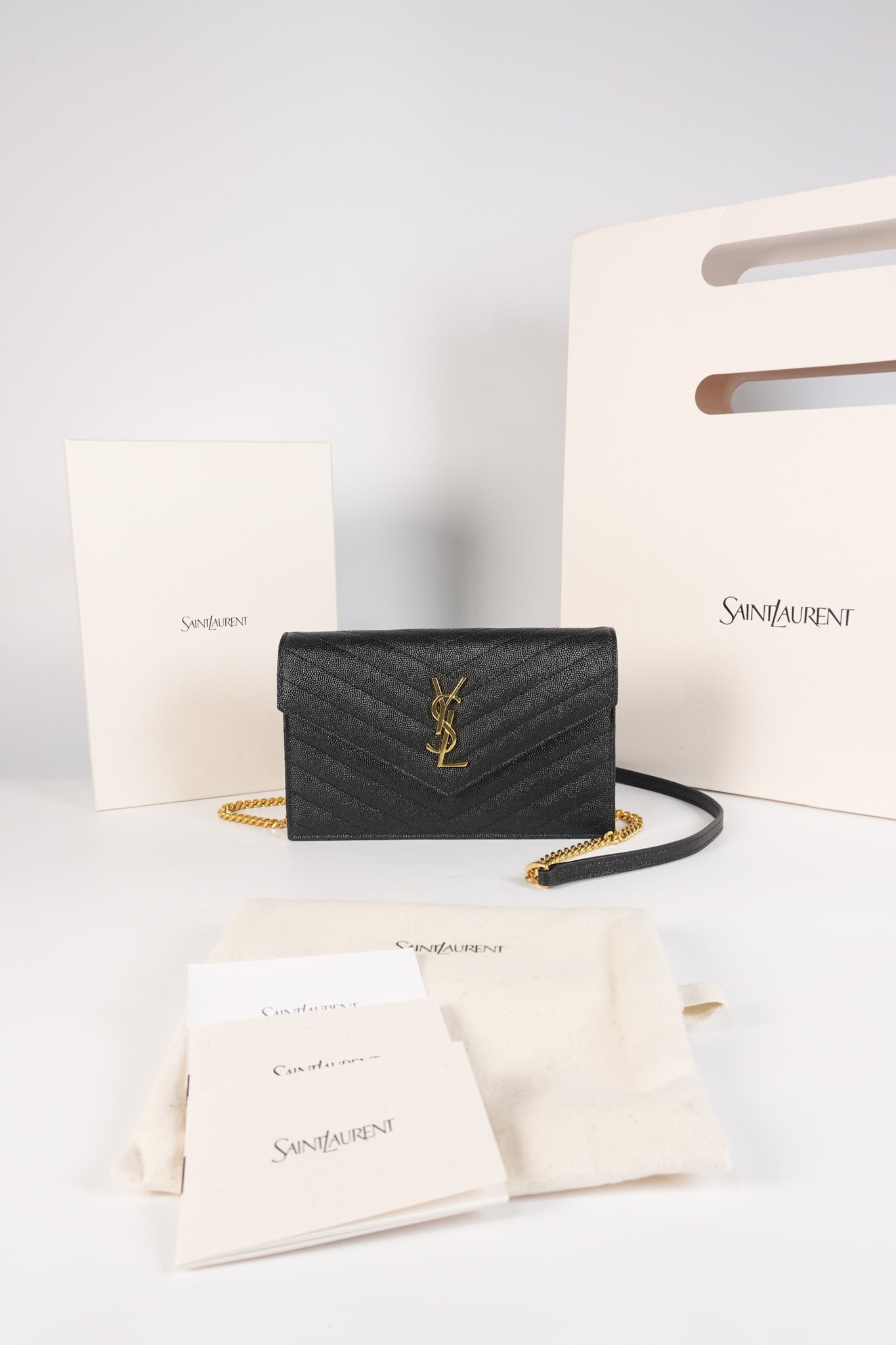 Monogram Envelope Wallet on Chain in Black Chevron Matelasse Grain De Poudre Leather & Gold Hardware | Purse Maison Luxury Bags Shop