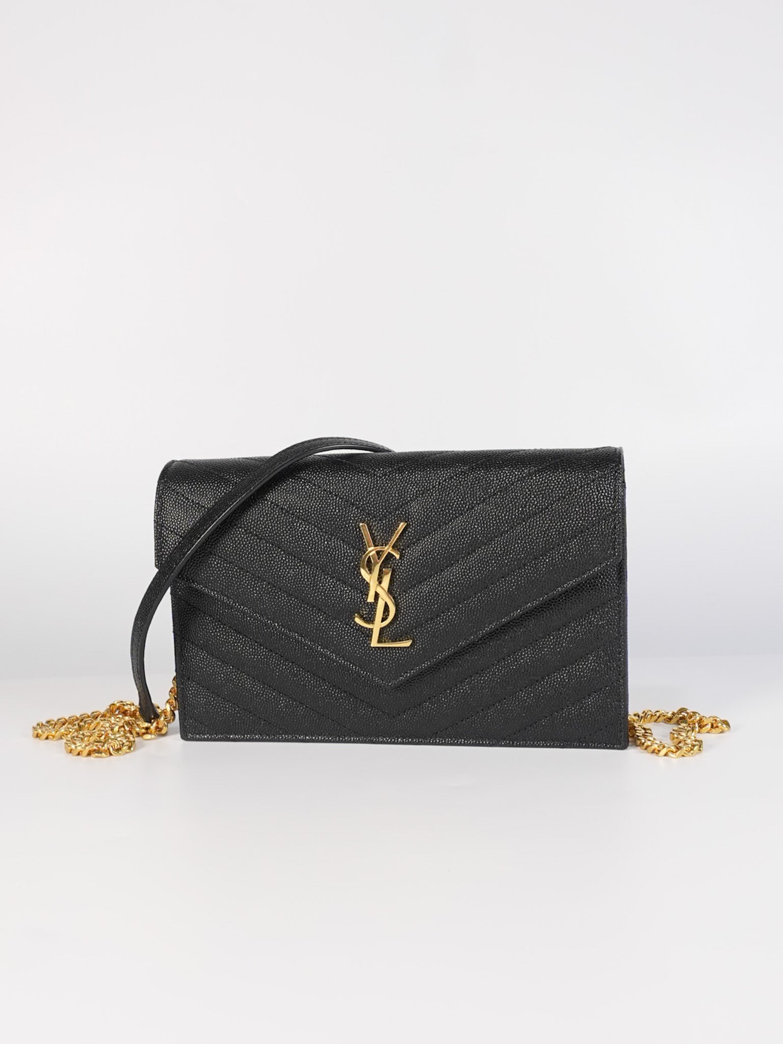 Monogram Envelope Wallet on Chain in Black Chevron Matelasse Grain De Poudre Leather & Gold Hardware | Purse Maison Luxury Bags Shop