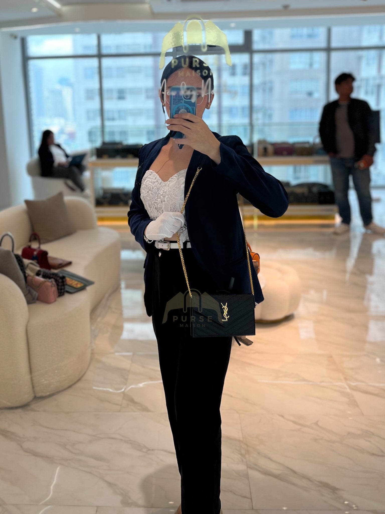 Monogram Envelope Wallet on Chain in Black Chevron Matelasse Grain De Poudre Leather & Gold Hardware | Purse Maison Luxury Bags Shop