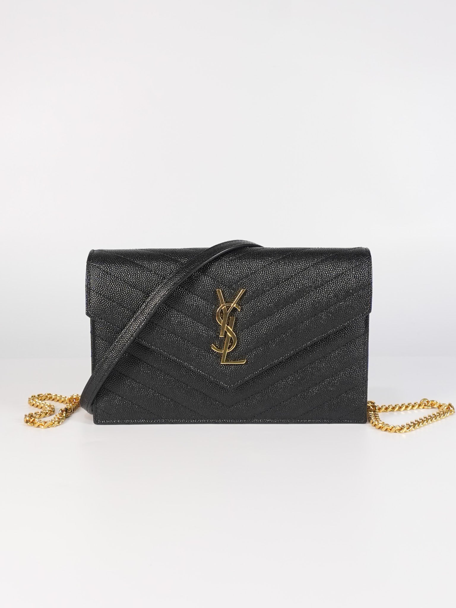 Monogram Envelope Wallet on Chain in Black Chevron Matelasse Grain De Poudre Leather & Gold Hardware | Purse Maison Luxury Bags Shop