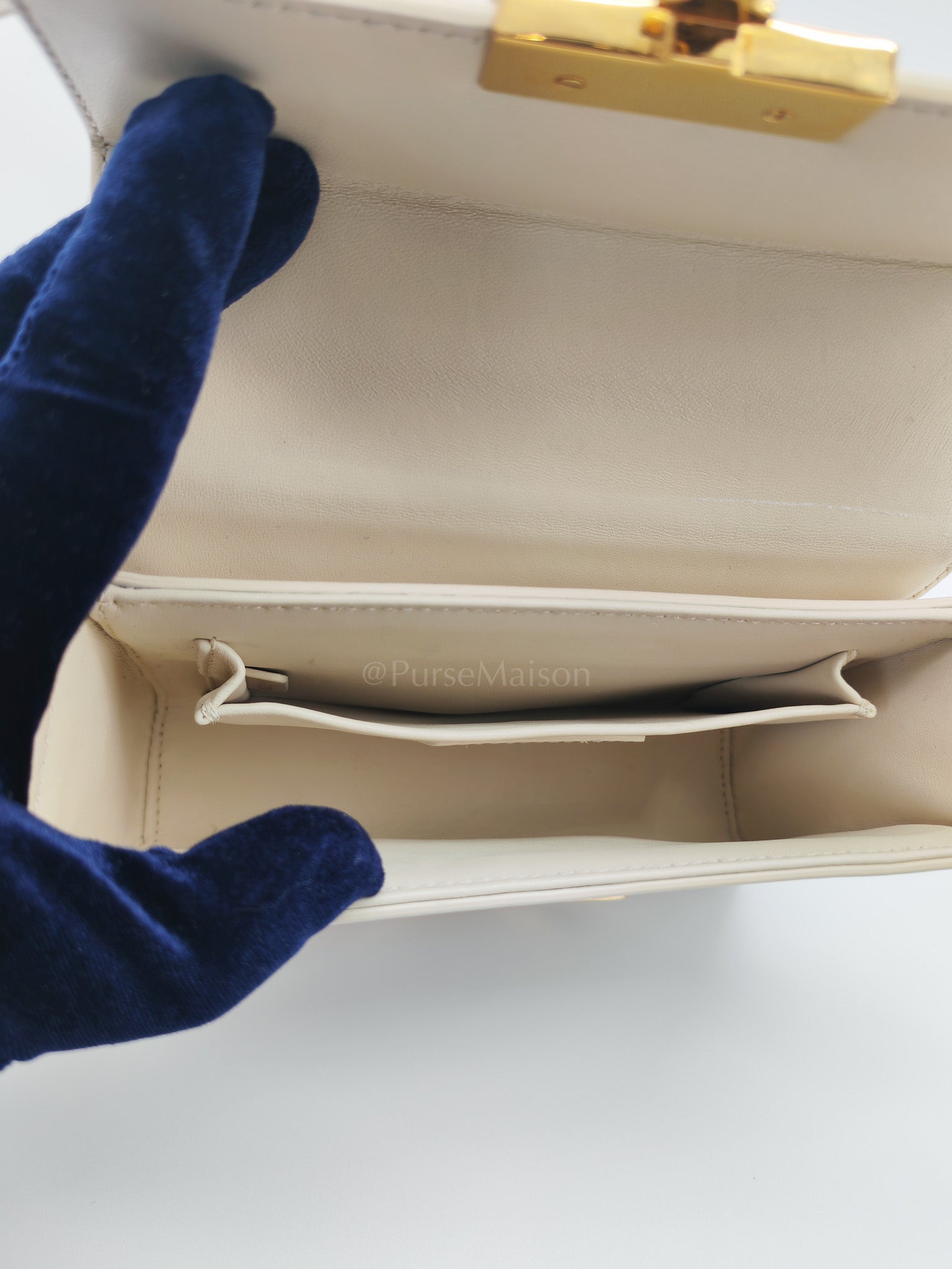 Montaigne Box Bag in Off-White Lambskin Leather and Gold Hardware Shoulder Bag | Purse Maison Luxury Bags Shop