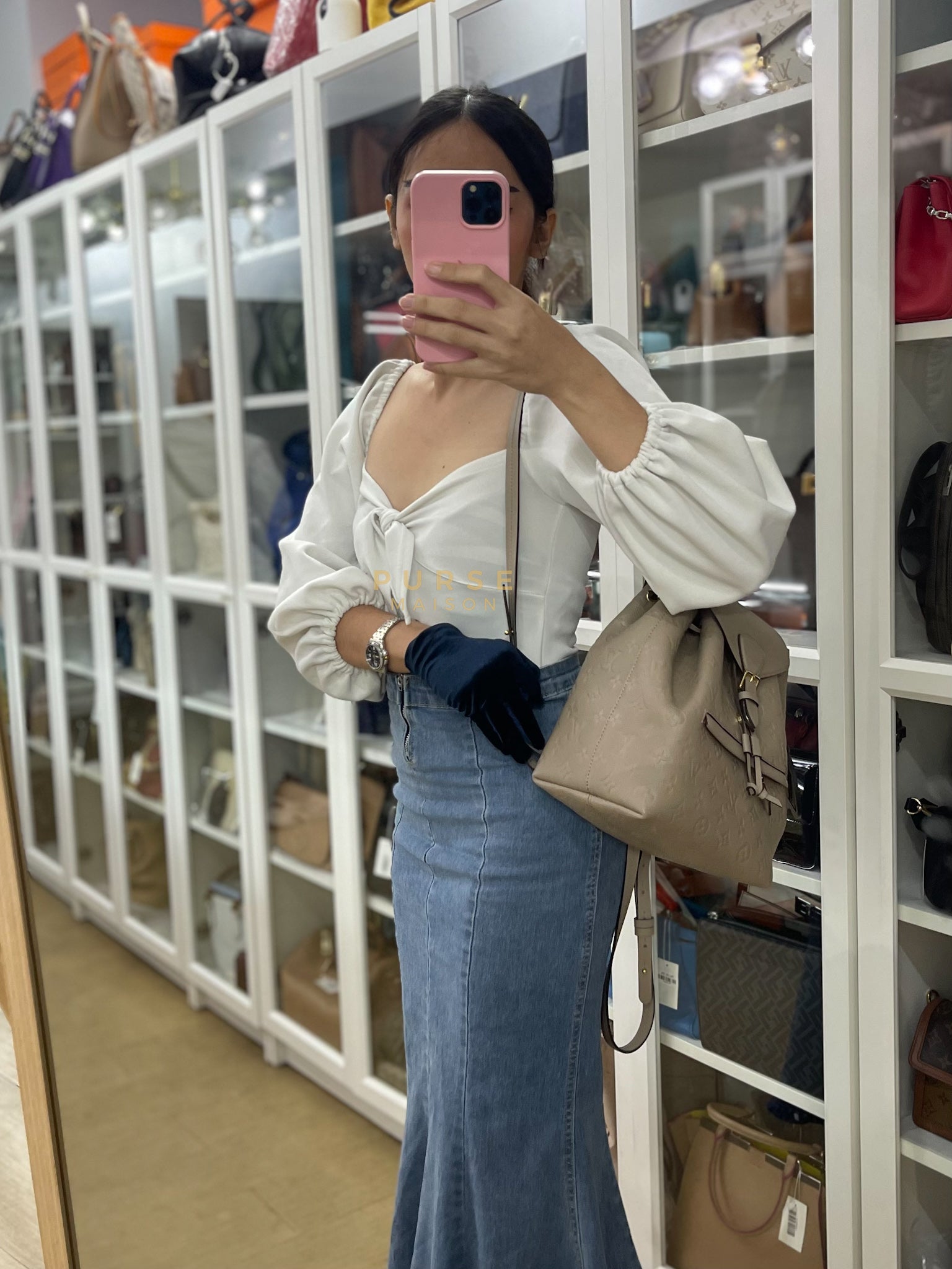 Montesouris Back Pack in Etoupe Monogram Empreinte Canvas & Gold Hardware Microchip | Purse Maison Luxury Bags Shop