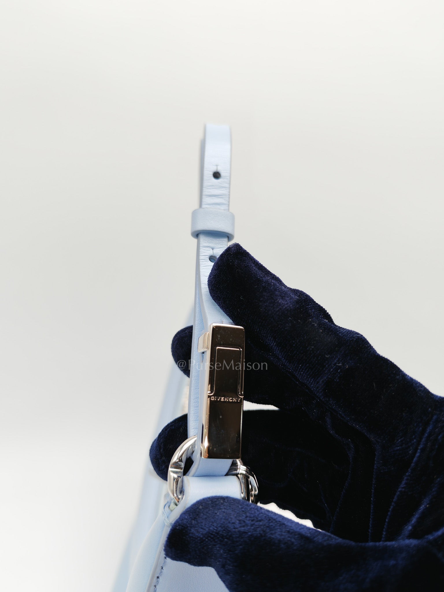 Moon Cut Out Shoulder Bag Small in Baby Blue Smooth Calfskin Leather & Silver Hardware | Purse Maison Luxury Bags Shop