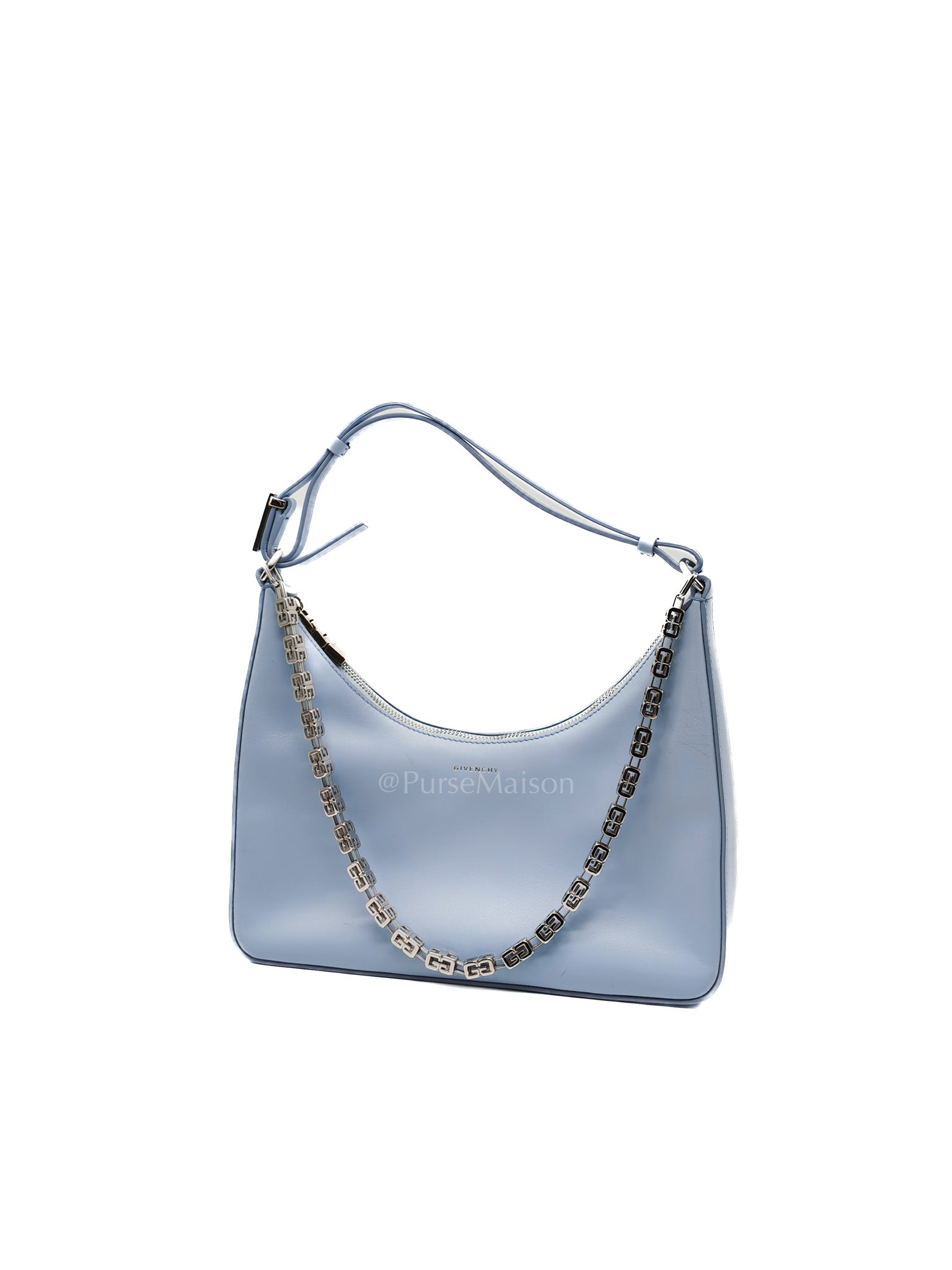 Moon Cut Out Shoulder Bag Small in Baby Blue Smooth Calfskin Leather & Silver Hardware | Purse Maison Luxury Bags Shop