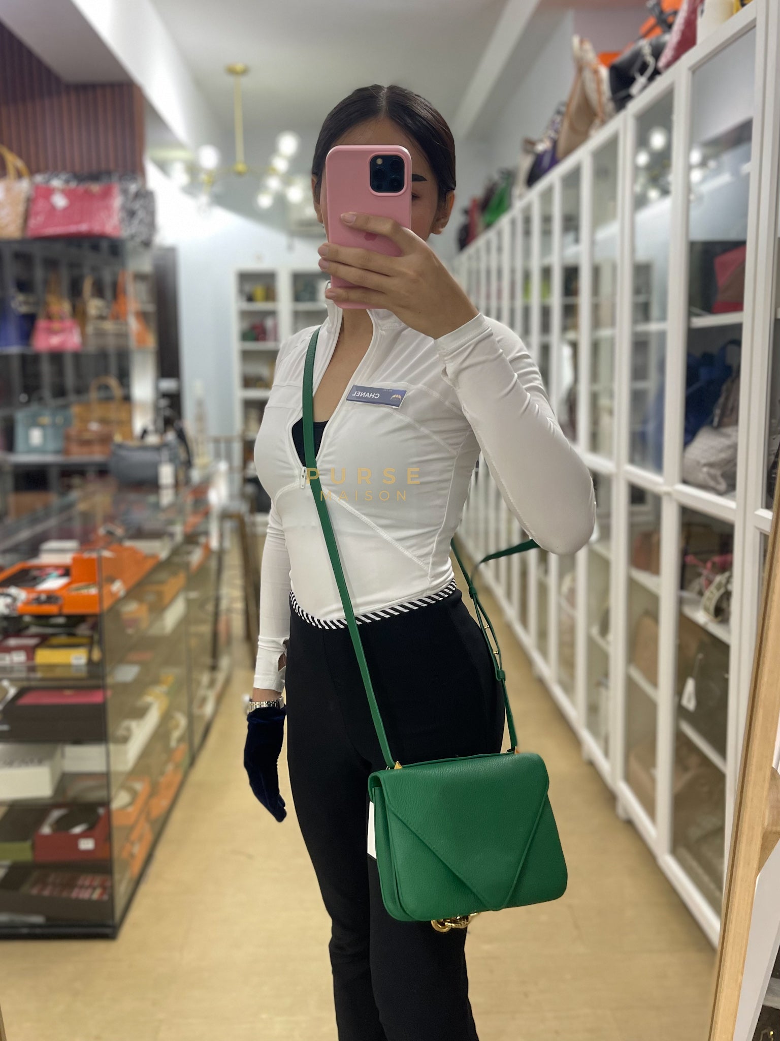 Mount Envelope Small Green in Grained Calfskin Leather Bag | Purse Maison Luxury Bags Shop