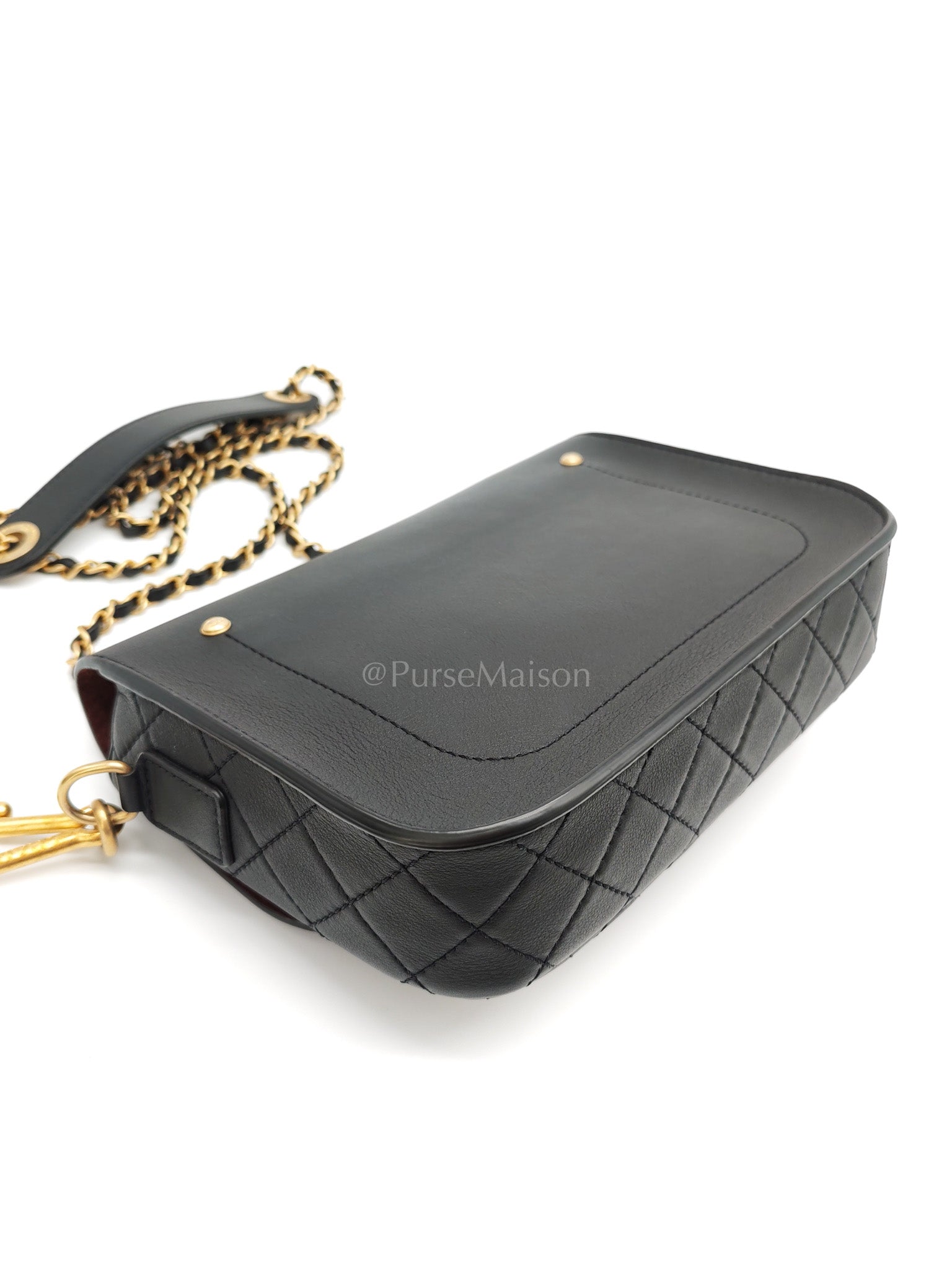 Multi-Pouching Flap Bag with Coin Purse in Black Calfskin Leather and Aged Gold Hardware Series 28 | Purse Maison Luxury Bags Shop