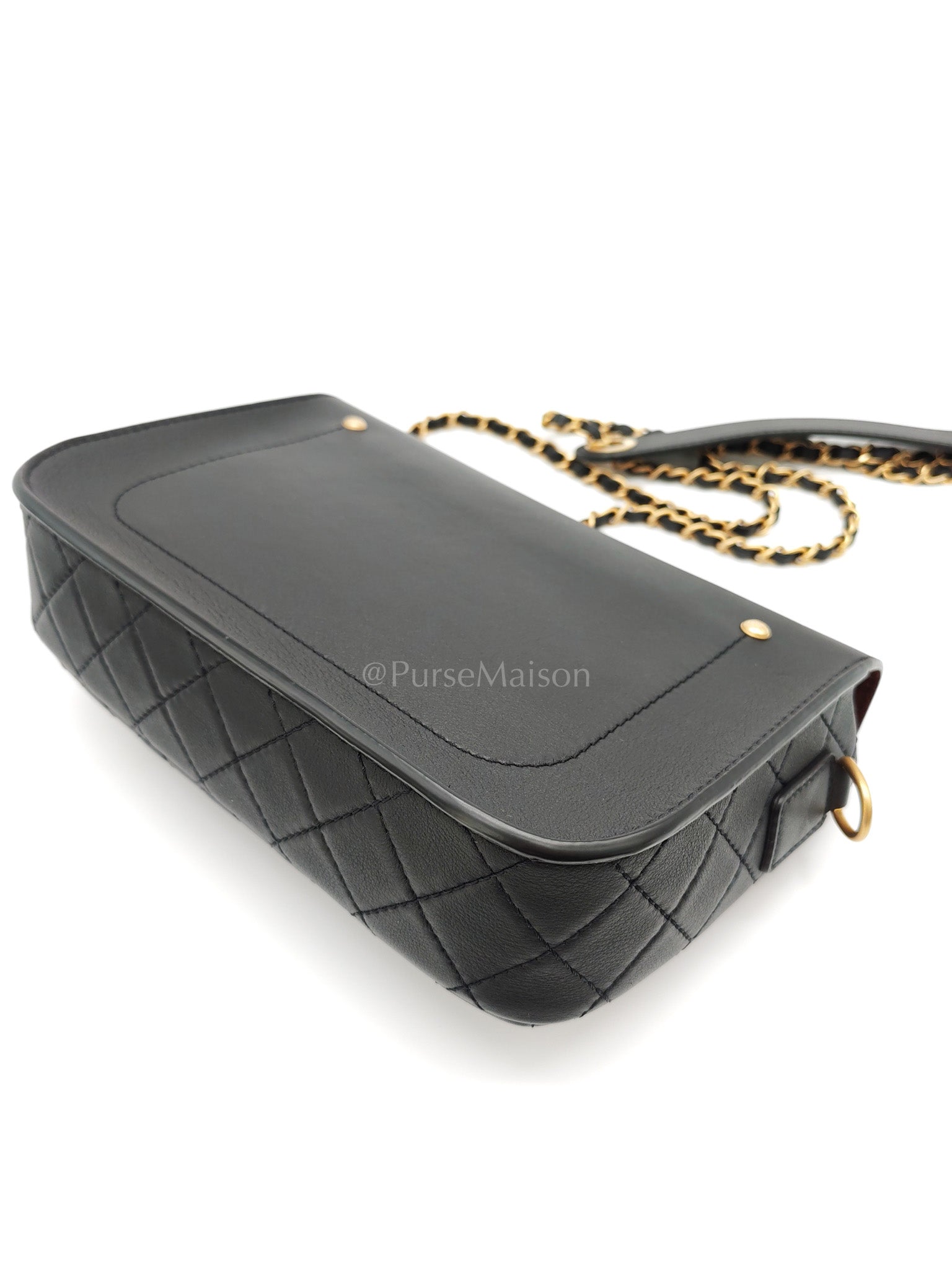 Multi-Pouching Flap Bag with Coin Purse in Black Calfskin Leather and Aged Gold Hardware Series 28 | Purse Maison Luxury Bags Shop