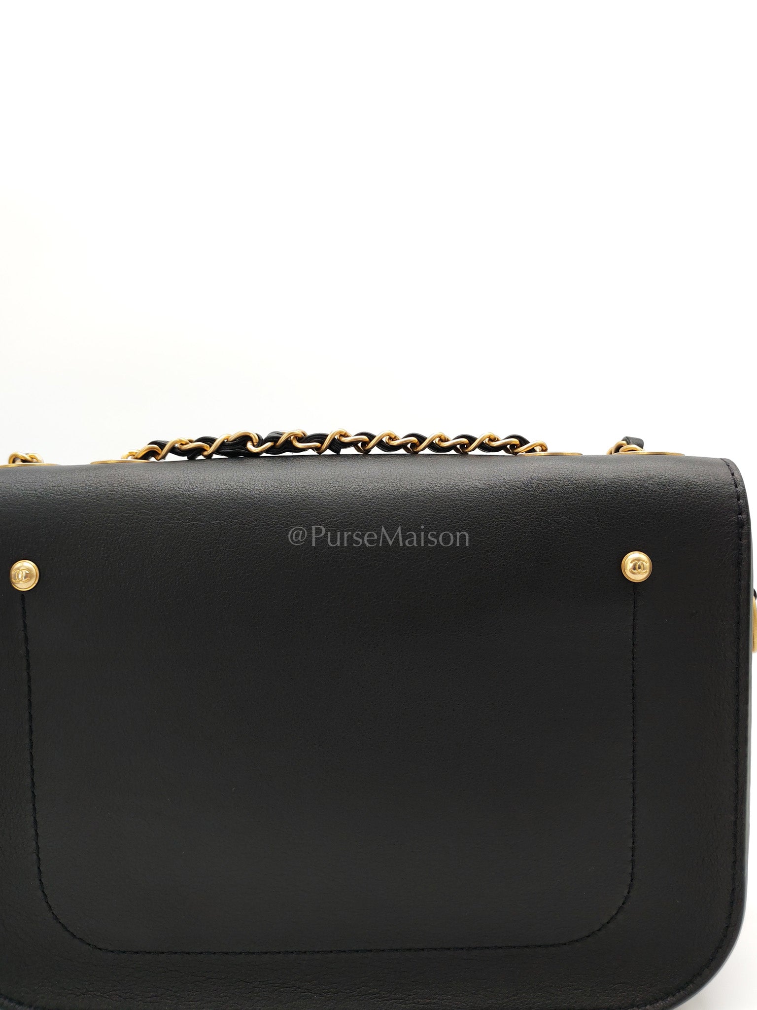Multi-Pouching Flap Bag with Coin Purse in Black Calfskin Leather and Aged Gold Hardware Series 28 | Purse Maison Luxury Bags Shop