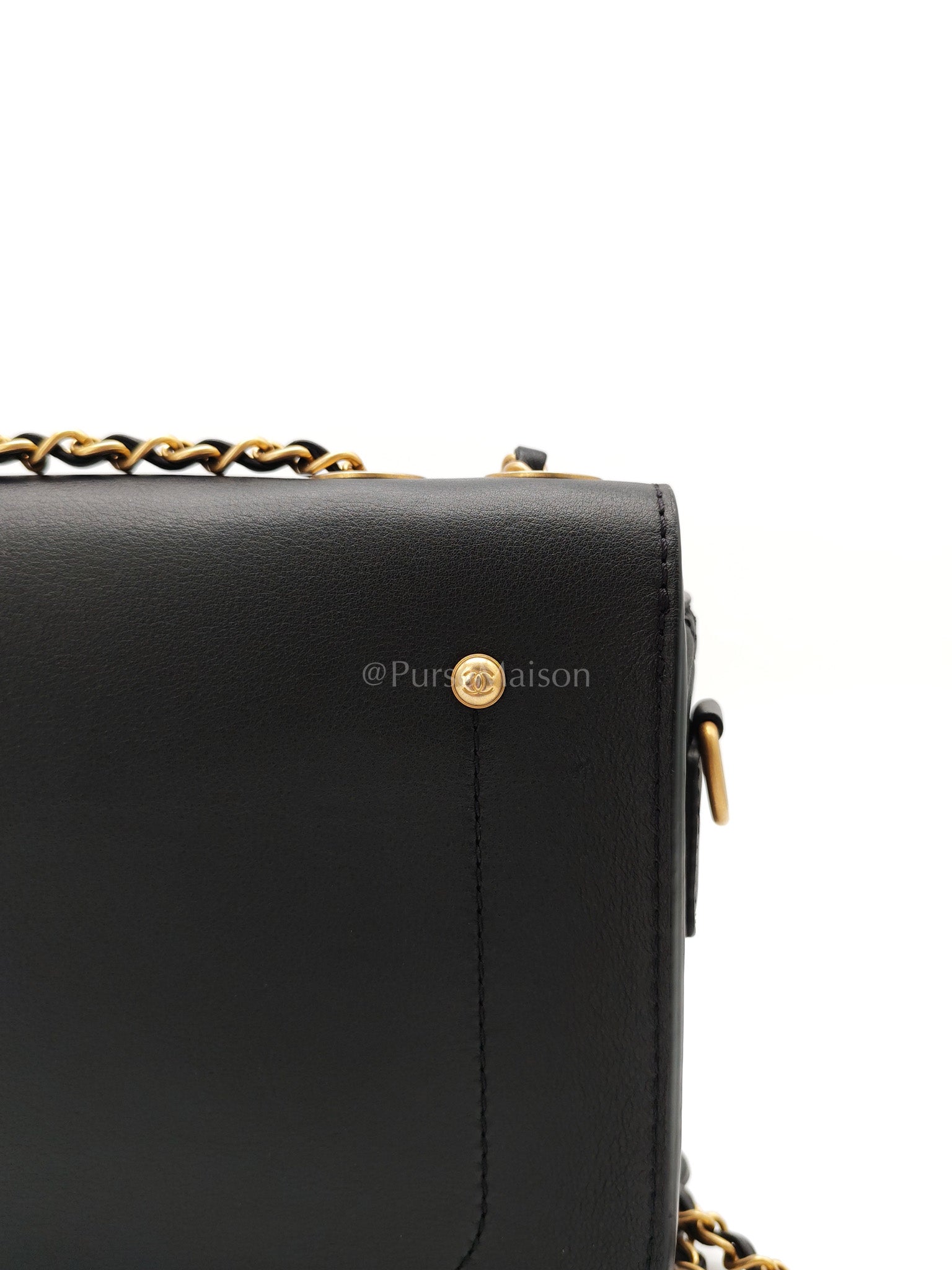Multi-Pouching Flap Bag with Coin Purse in Black Calfskin Leather and Aged Gold Hardware Series 28 | Purse Maison Luxury Bags Shop