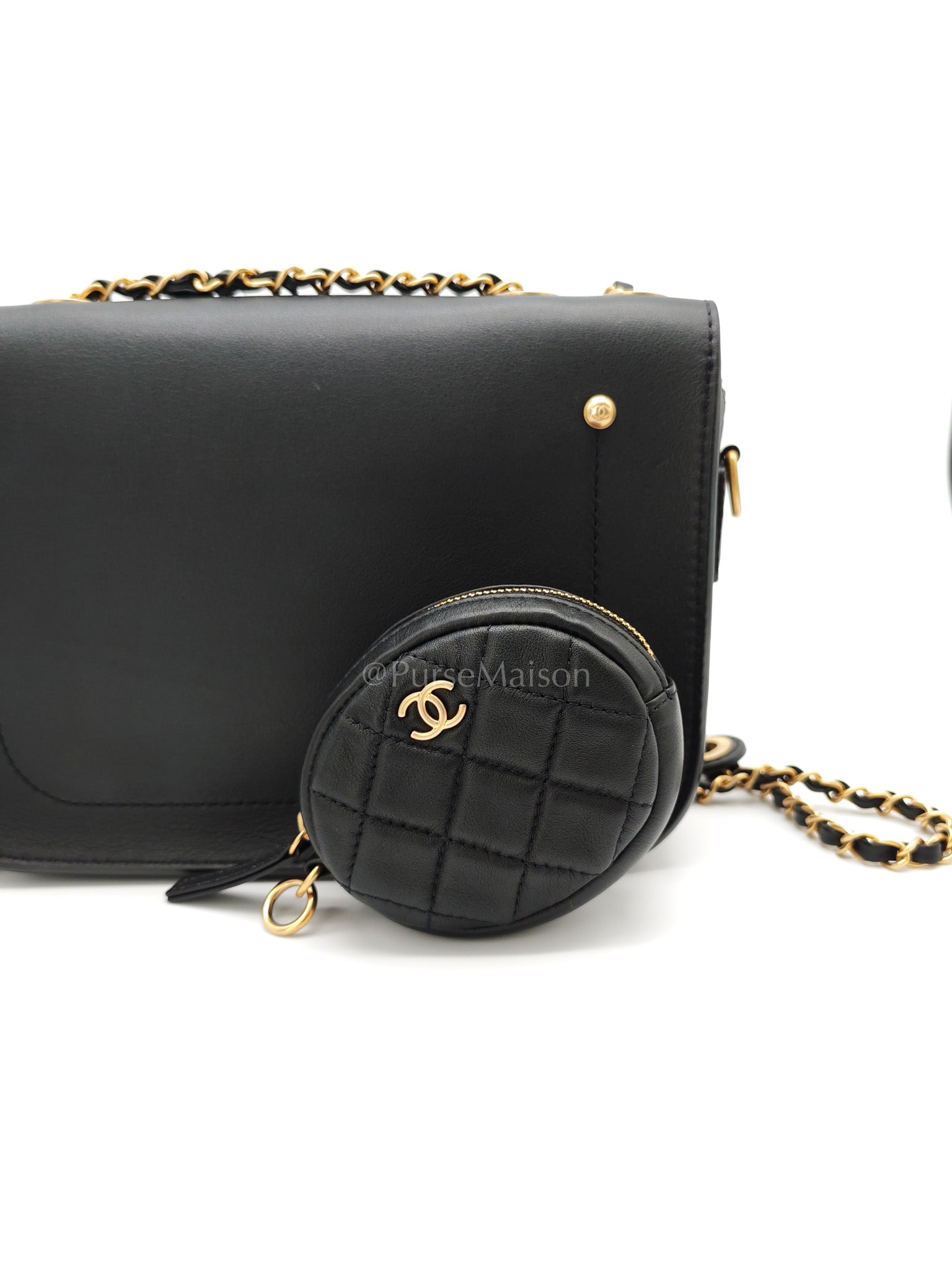 Multi-Pouching Flap Bag with Coin Purse in Black Calfskin Leather and Aged Gold Hardware Series 28 | Purse Maison Luxury Bags Shop
