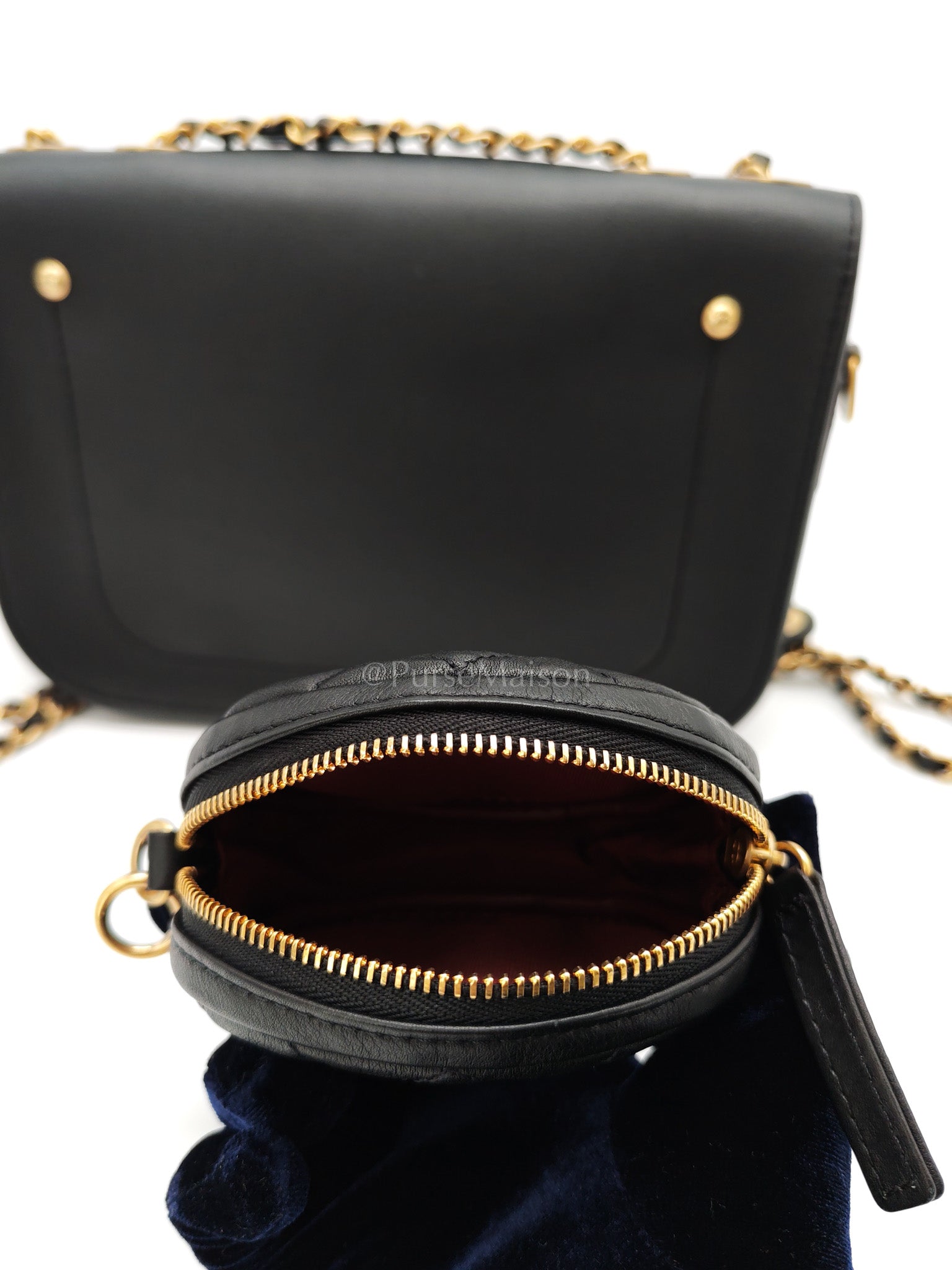 Multi-Pouching Flap Bag with Coin Purse in Black Calfskin Leather and Aged Gold Hardware Series 28 | Purse Maison Luxury Bags Shop