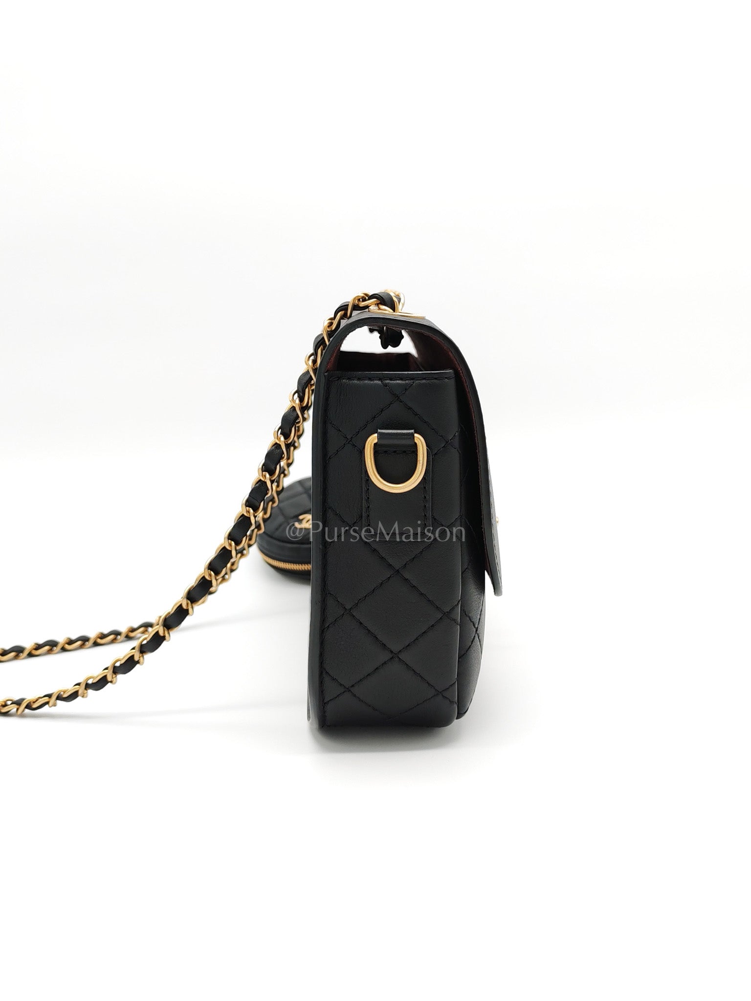 Multi-Pouching Flap Bag with Coin Purse in Black Calfskin Leather and Aged Gold Hardware Series 28 | Purse Maison Luxury Bags Shop