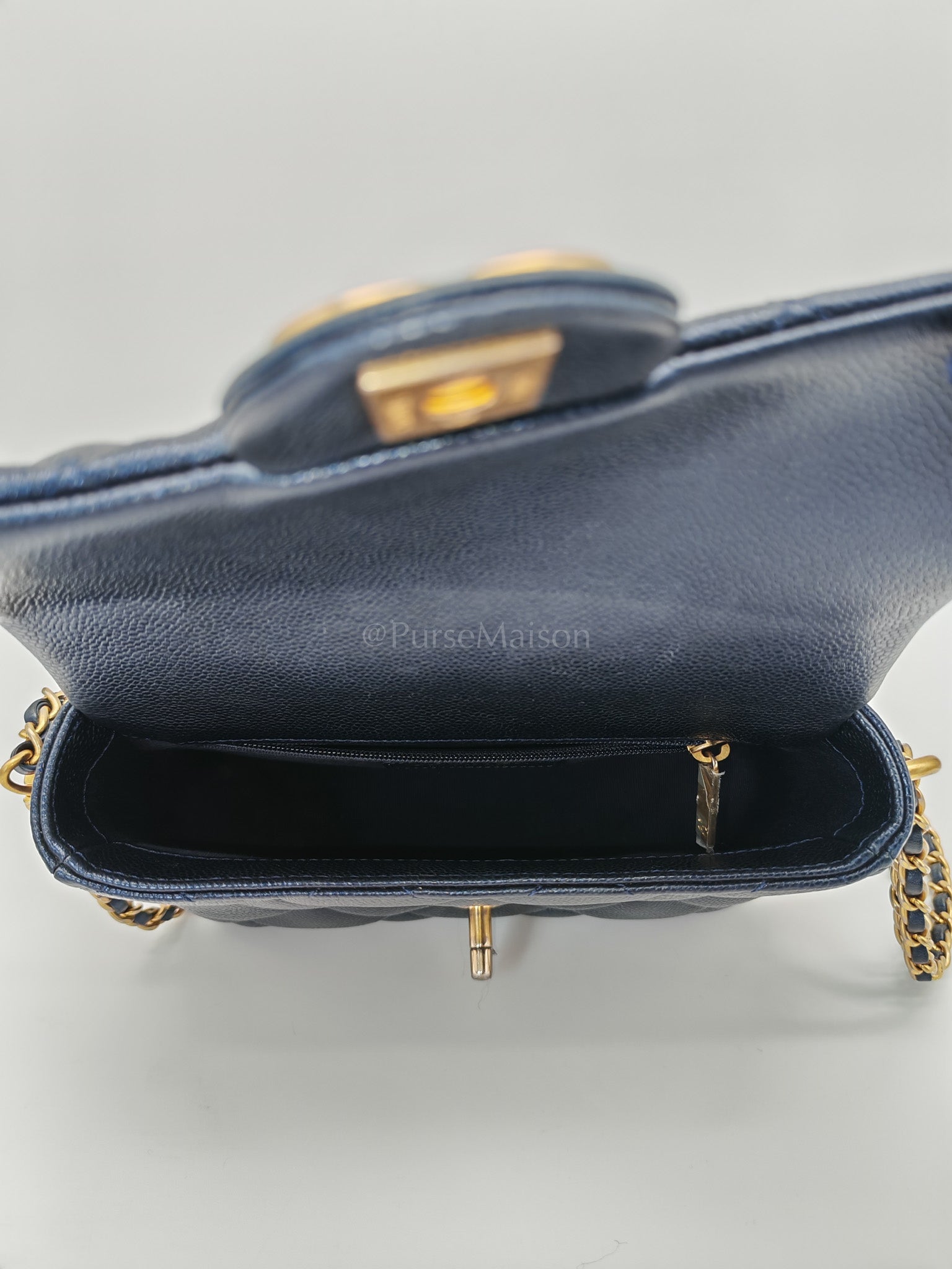 My Perfect Mini Flap Bag Iridescent Blue Caviar Leather and Aged Gold Hardware (Microchip) | Purse Maison Luxury Bags Shop