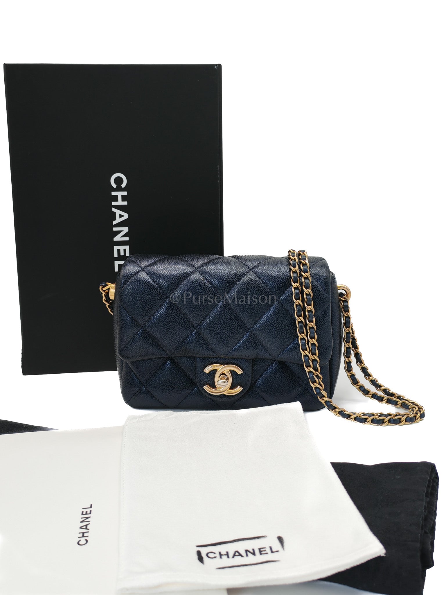 My Perfect Mini Flap Bag Iridescent Blue Caviar Leather and Aged Gold Hardware (Microchip) | Purse Maison Luxury Bags Shop