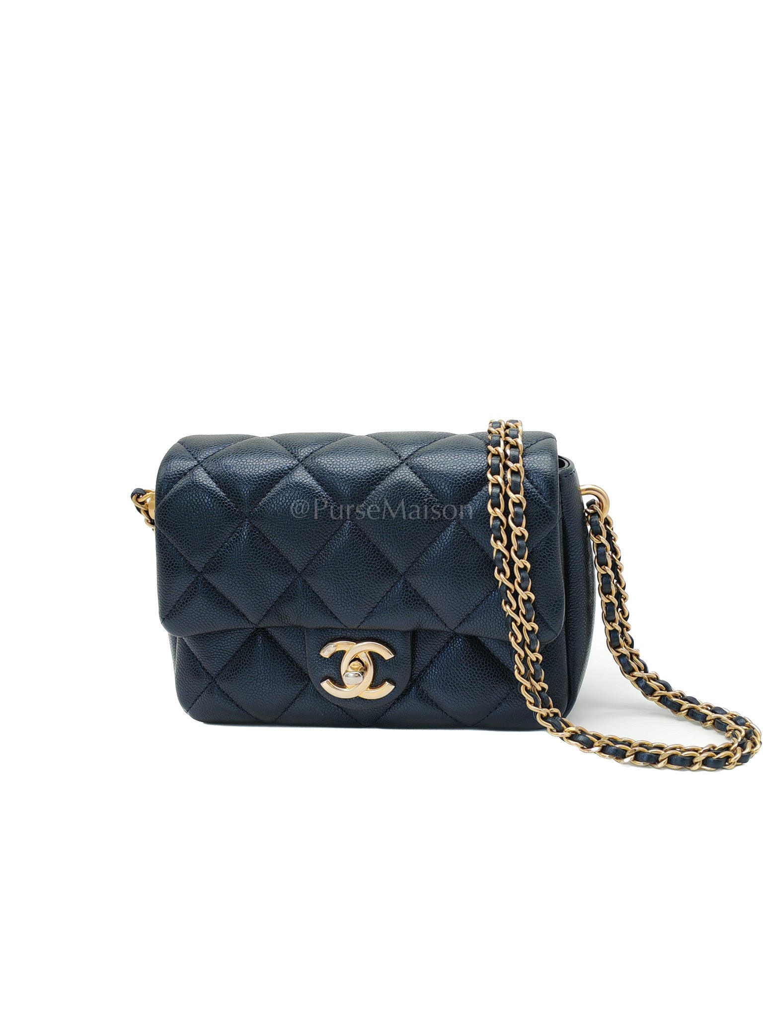 My Perfect Mini Flap Bag Iridescent Blue Caviar Leather and Aged Gold Hardware (Microchip) | Purse Maison Luxury Bags Shop