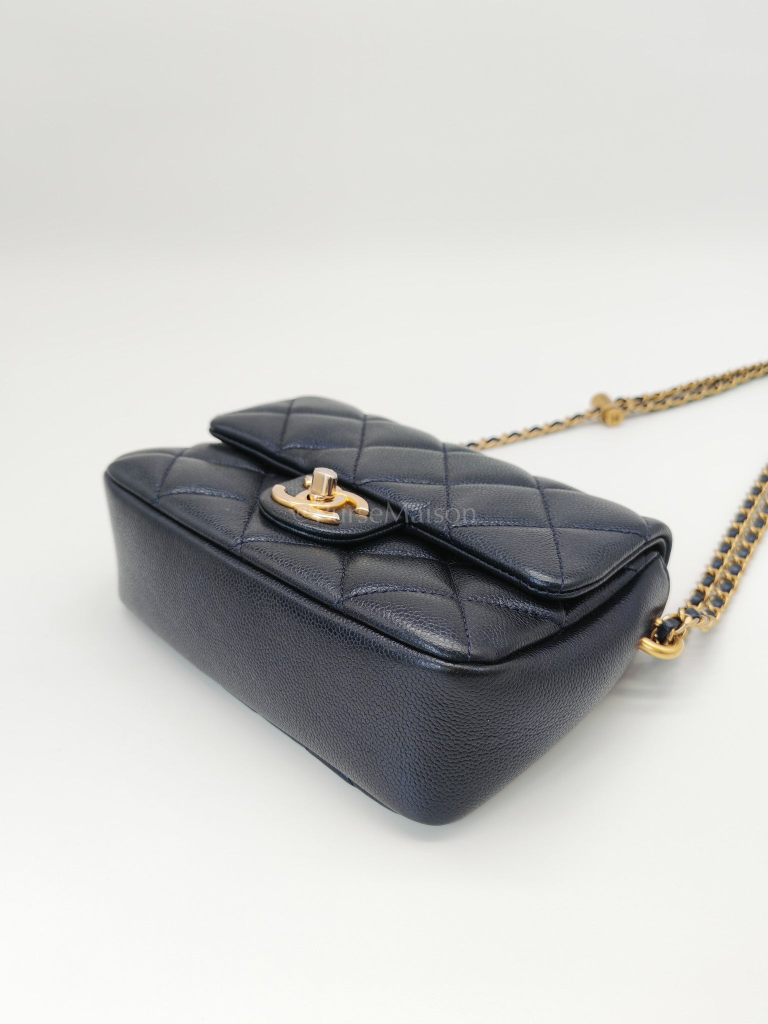 My Perfect Mini Flap Bag Iridescent Blue Caviar Leather and Aged Gold Hardware (Microchip) | Purse Maison Luxury Bags Shop
