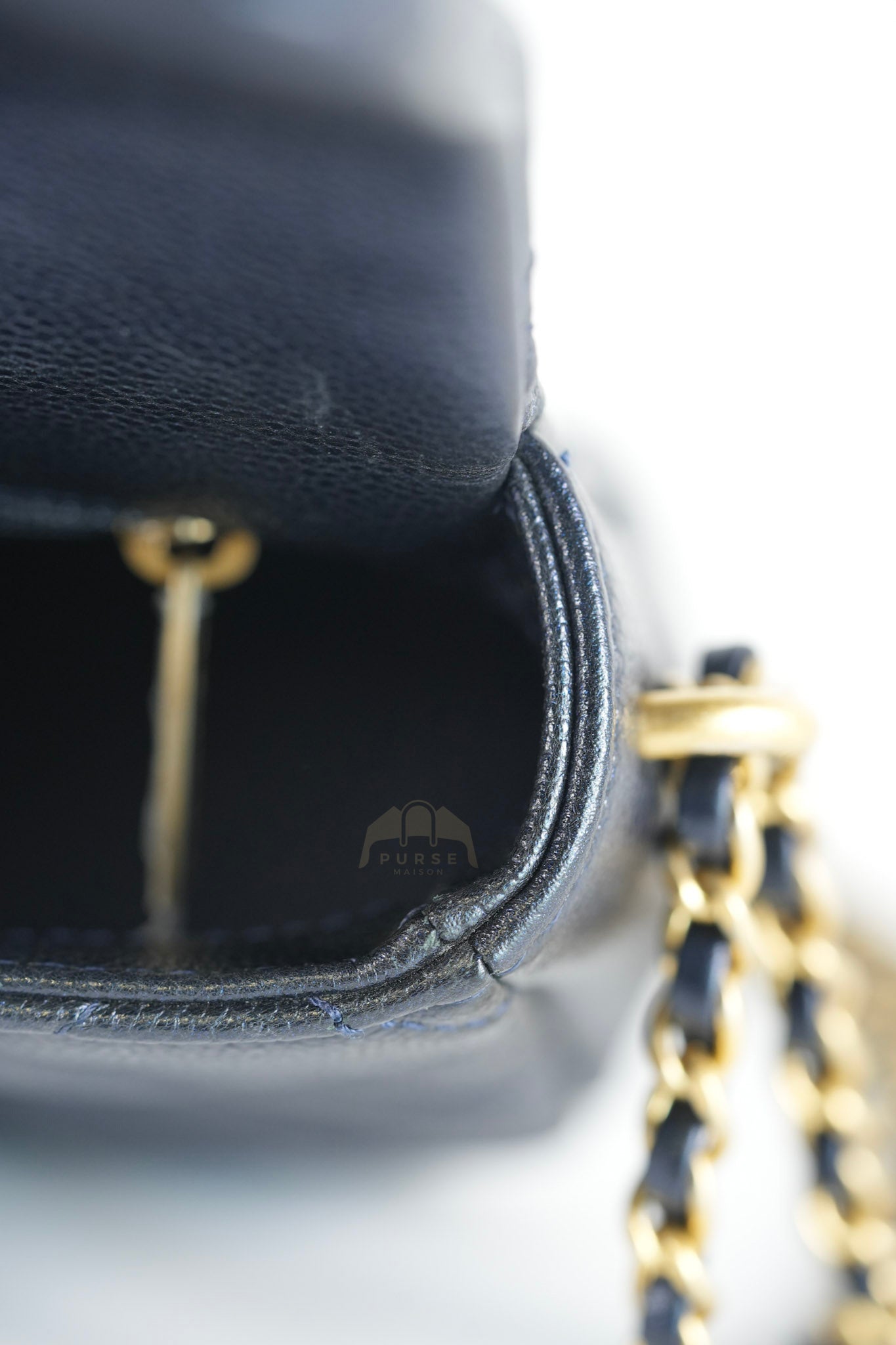 My Perfect Mini Iridescent Navy Blue in Quilted Caviar Leather and Aged Gold Hardware (Microchip) | Purse Maison Luxury Bags Shop