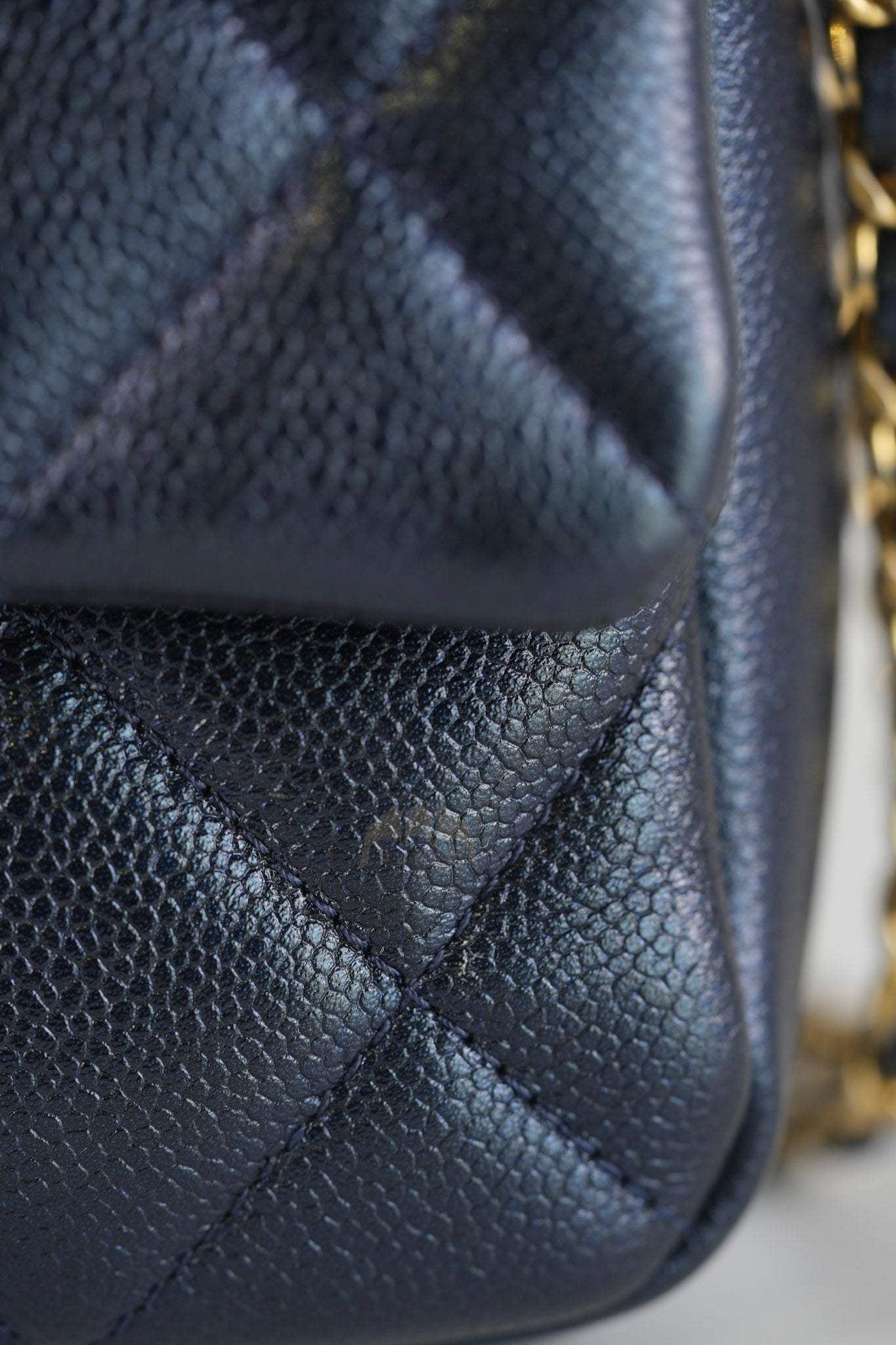 My Perfect Mini Iridescent Navy Blue in Quilted Caviar Leather and Aged Gold Hardware (Microchip) | Purse Maison Luxury Bags Shop