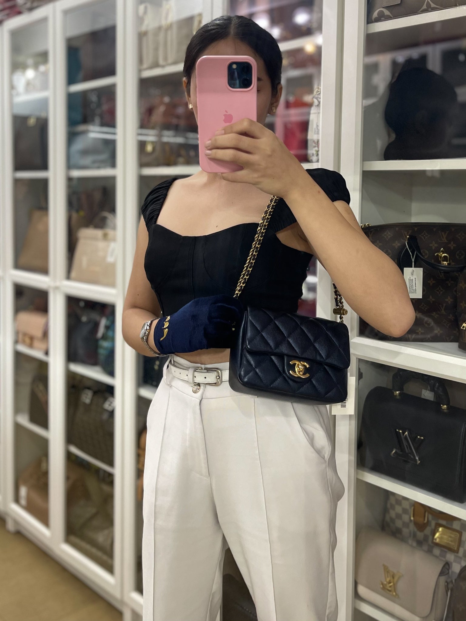 My Perfect Mini Iridescent Navy Blue in Quilted Caviar Leather and Aged Gold Hardware (Microchip) | Purse Maison Luxury Bags Shop