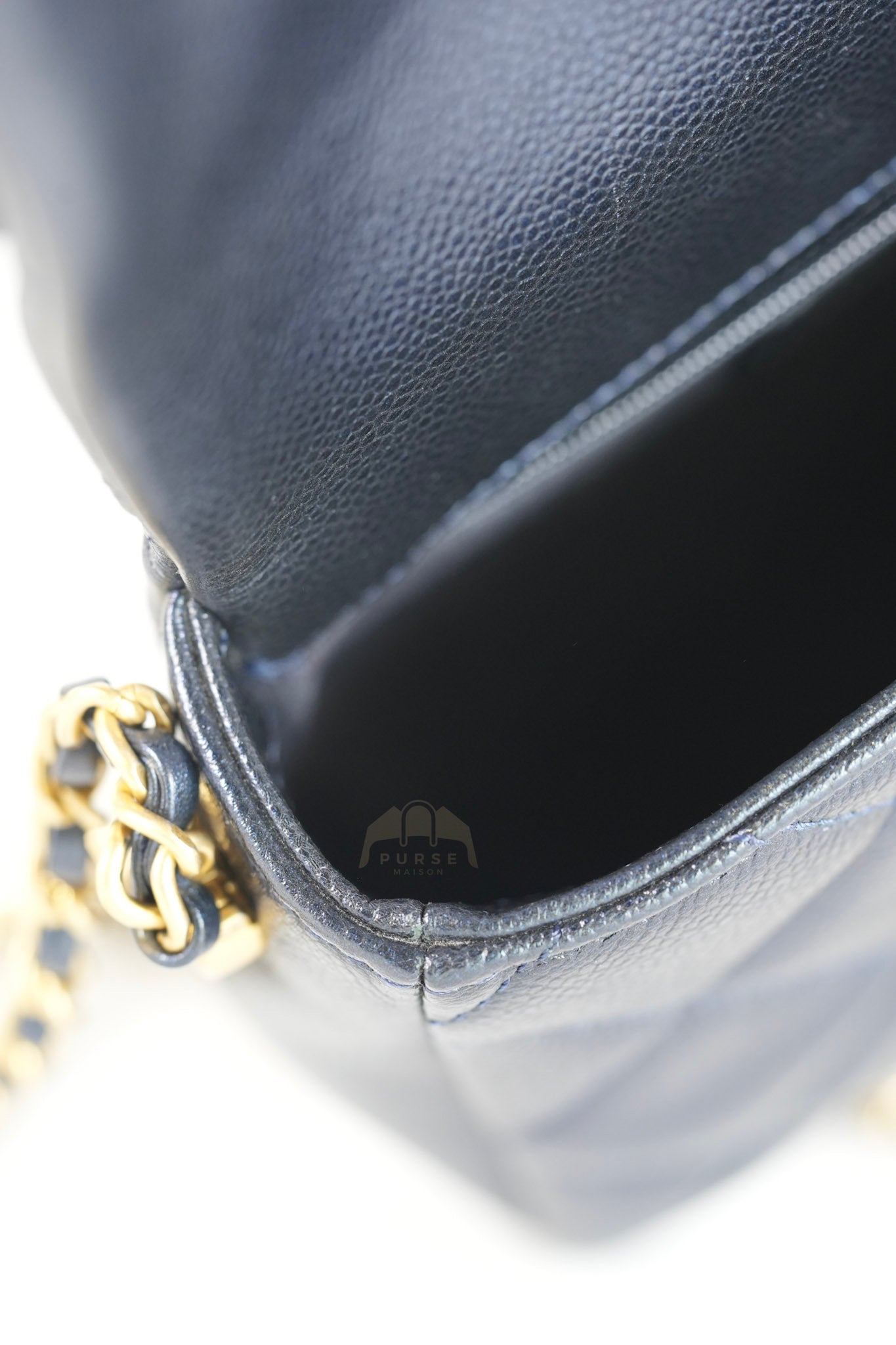 My Perfect Mini Iridescent Navy Blue in Quilted Caviar Leather and Aged Gold Hardware (Microchip) | Purse Maison Luxury Bags Shop