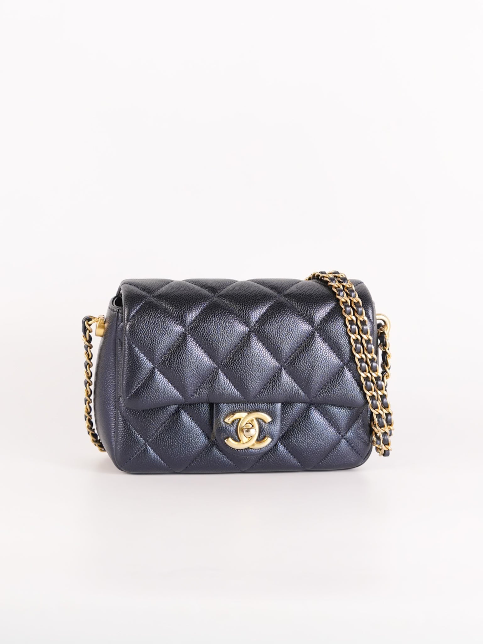 My Perfect Mini Iridescent Navy Blue in Quilted Caviar Leather and Aged Gold Hardware (Microchip) | Purse Maison Luxury Bags Shop