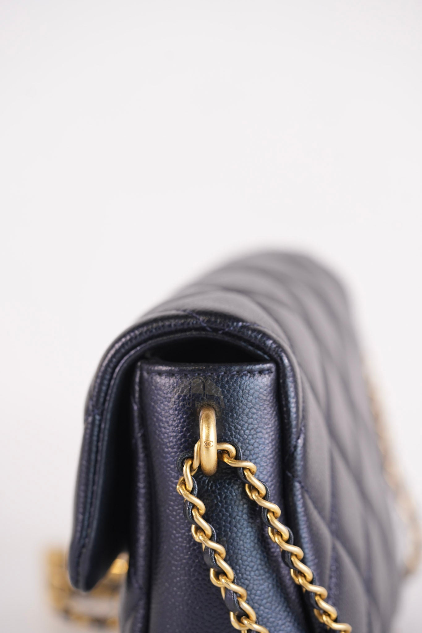 My Perfect Mini Iridescent Navy Blue in Quilted Caviar Leather and Aged Gold Hardware (Microchip) | Purse Maison Luxury Bags Shop