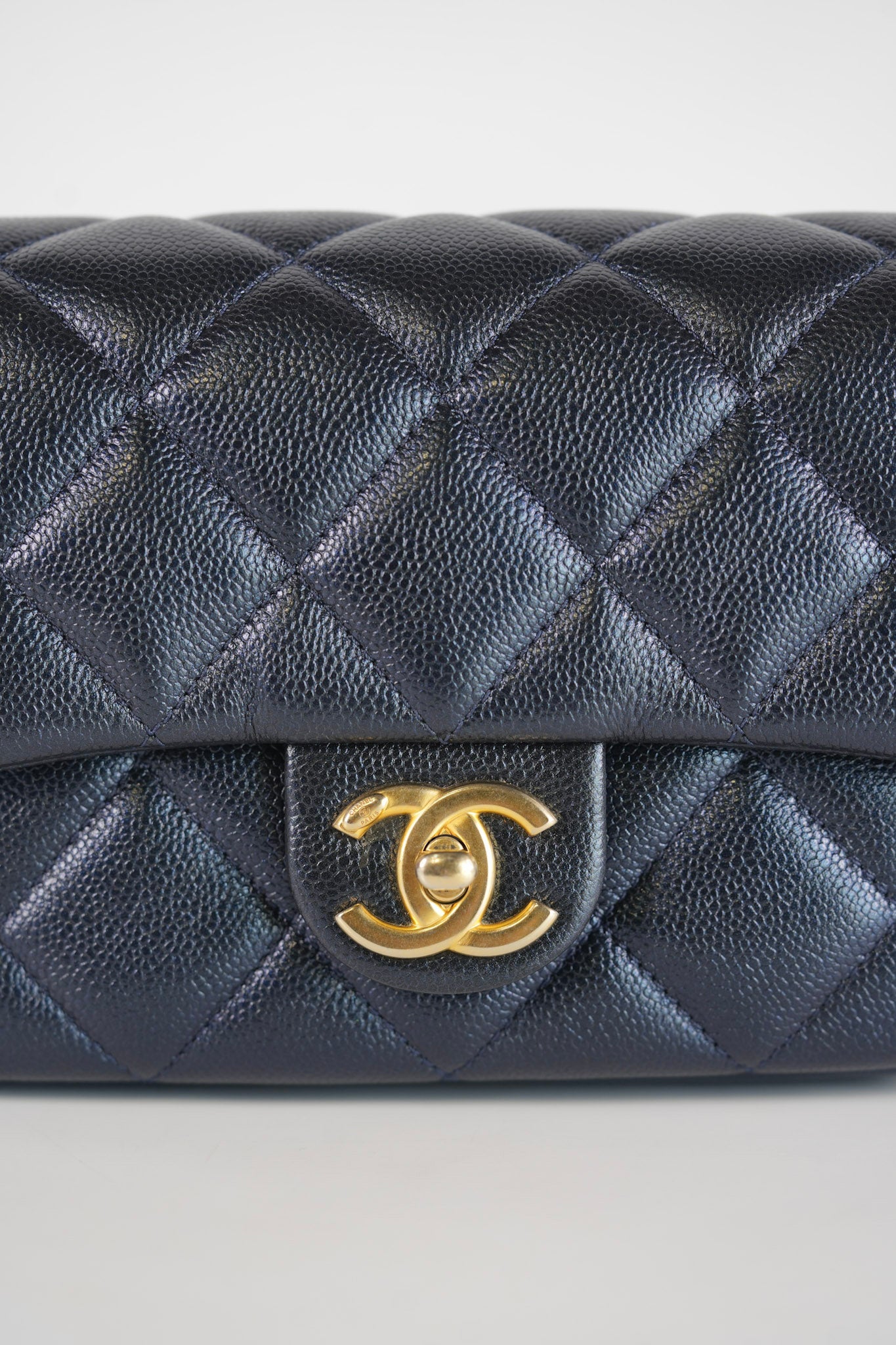 My Perfect Mini Iridescent Navy Blue in Quilted Caviar Leather and Aged Gold Hardware (Microchip) | Purse Maison Luxury Bags Shop