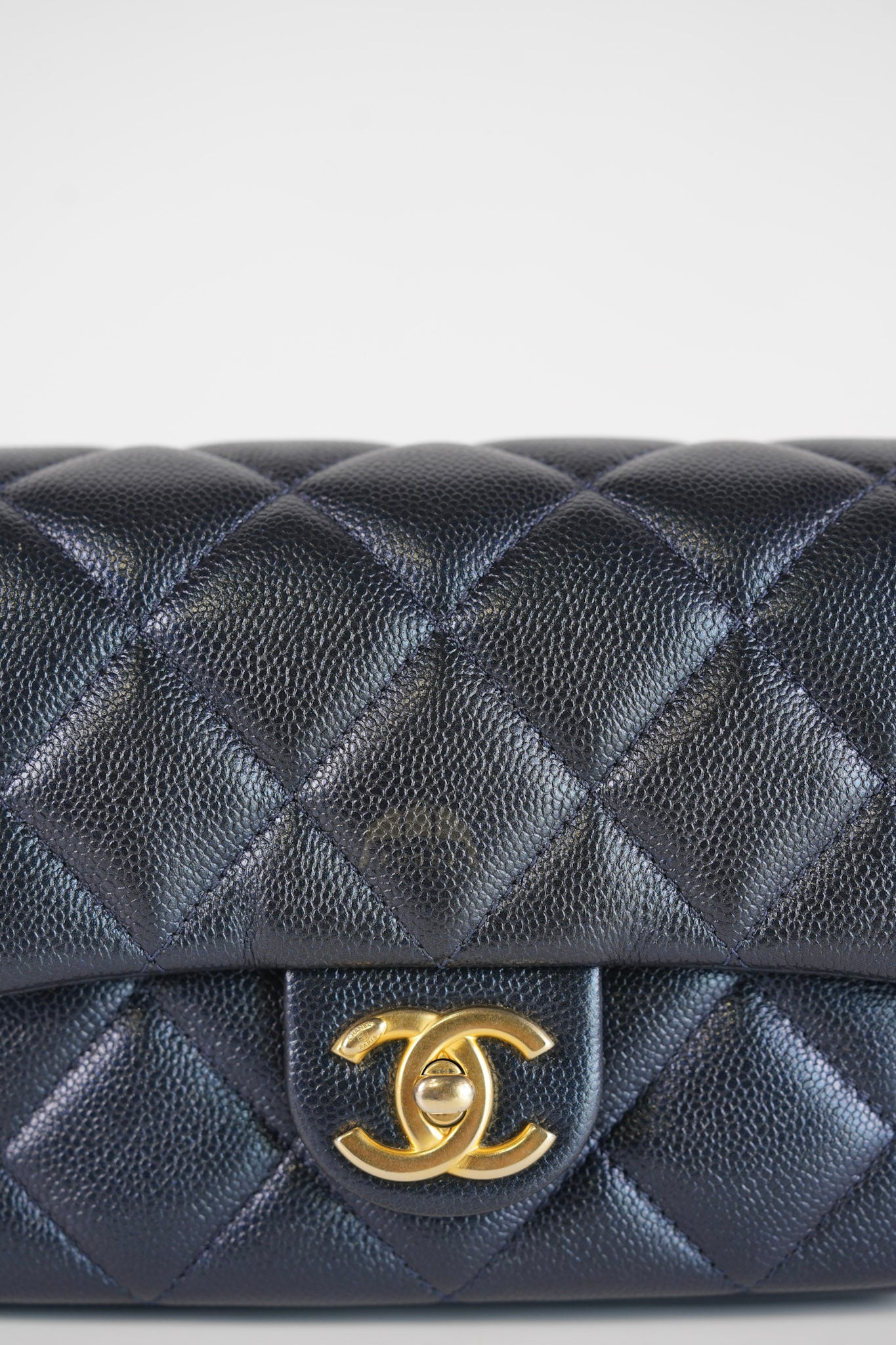 My Perfect Mini Iridescent Navy Blue in Quilted Caviar Leather and Aged Gold Hardware (Microchip) | Purse Maison Luxury Bags Shop