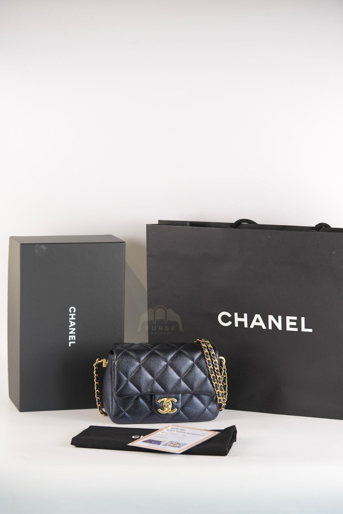 My Perfect Mini Iridescent Navy Blue in Quilted Caviar Leather and Aged Gold Hardware (Microchip) | Purse Maison Luxury Bags Shop