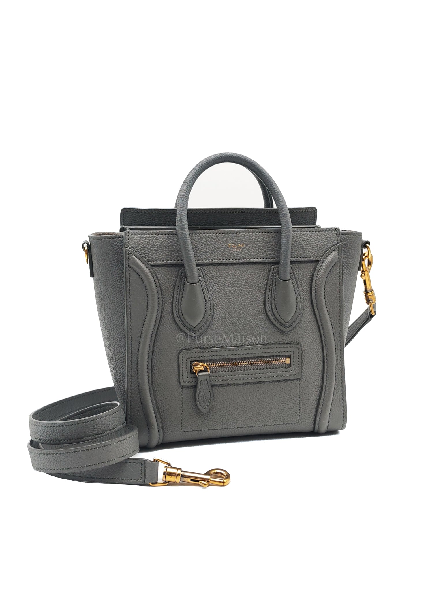 Nano Luggage Tote Bag in Gray Grained Drummed Calfskin Leather & Gold Hardware | Purse Maison Luxury Bags Shop