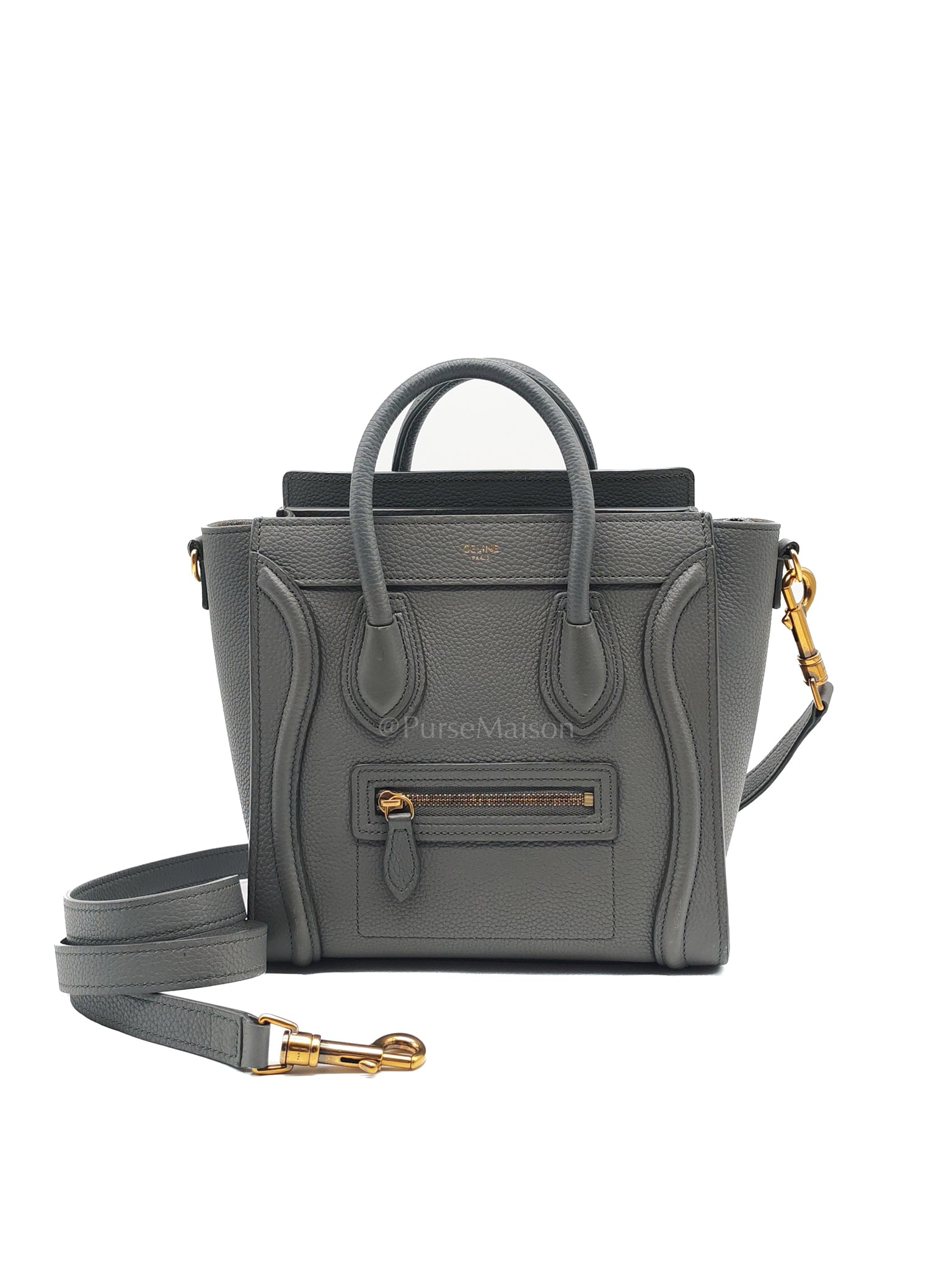 Nano Luggage Tote Bag in Gray Grained Drummed Calfskin Leather & Gold Hardware | Purse Maison Luxury Bags Shop