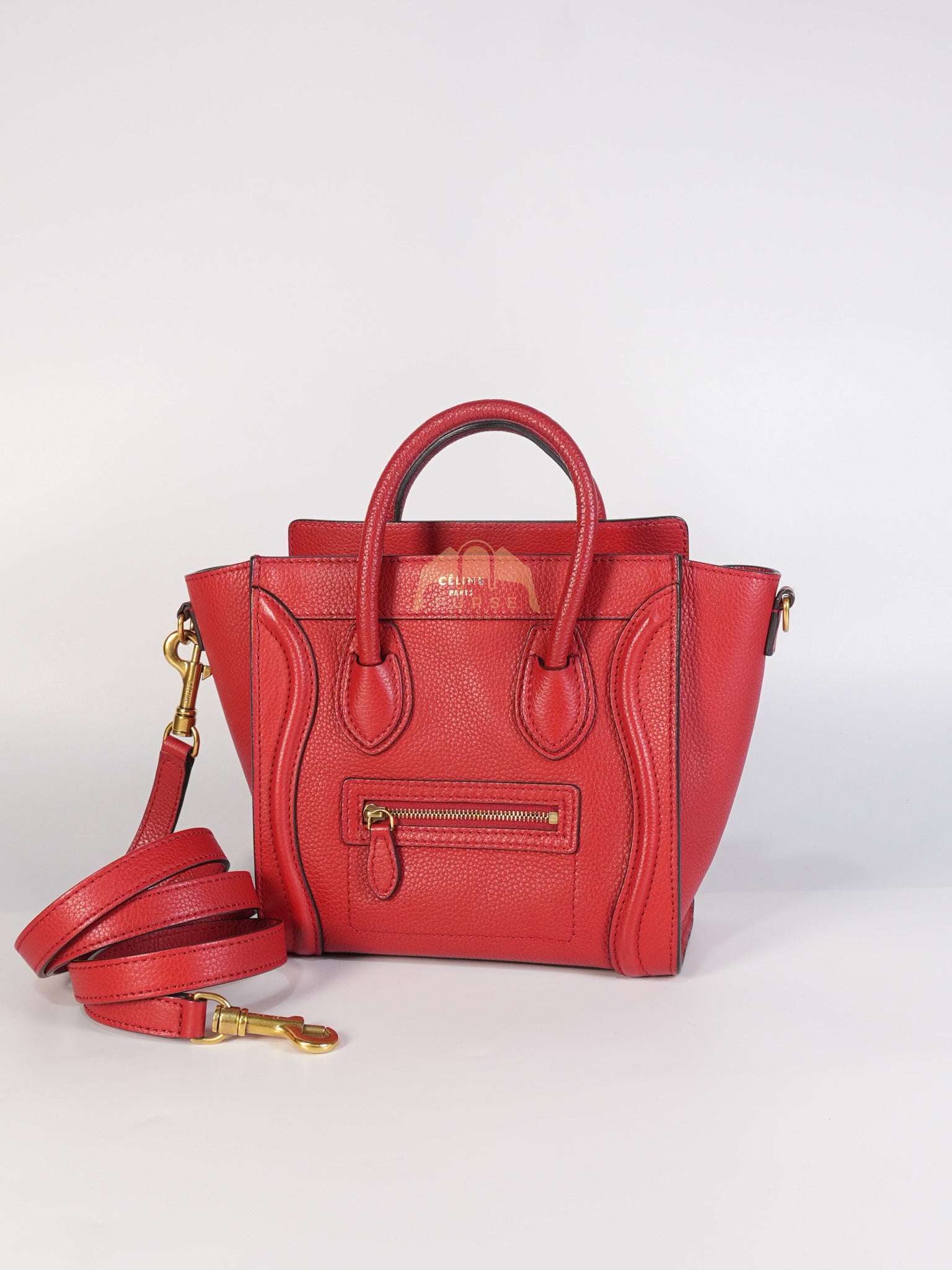 Nano Luggage Tote Bag in Red Grained Calfskin Leather & Gold Hardware | Purse Maison Luxury Bags Shop