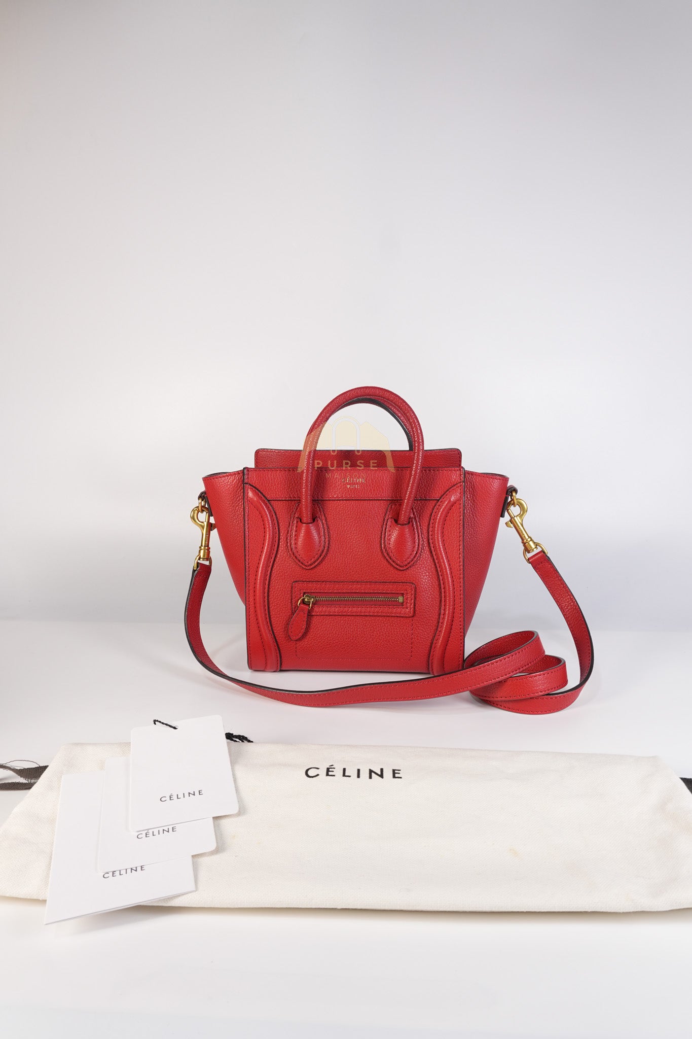 Nano Luggage Tote Bag in Red Grained Calfskin Leather & Gold Hardware | Purse Maison Luxury Bags Shop