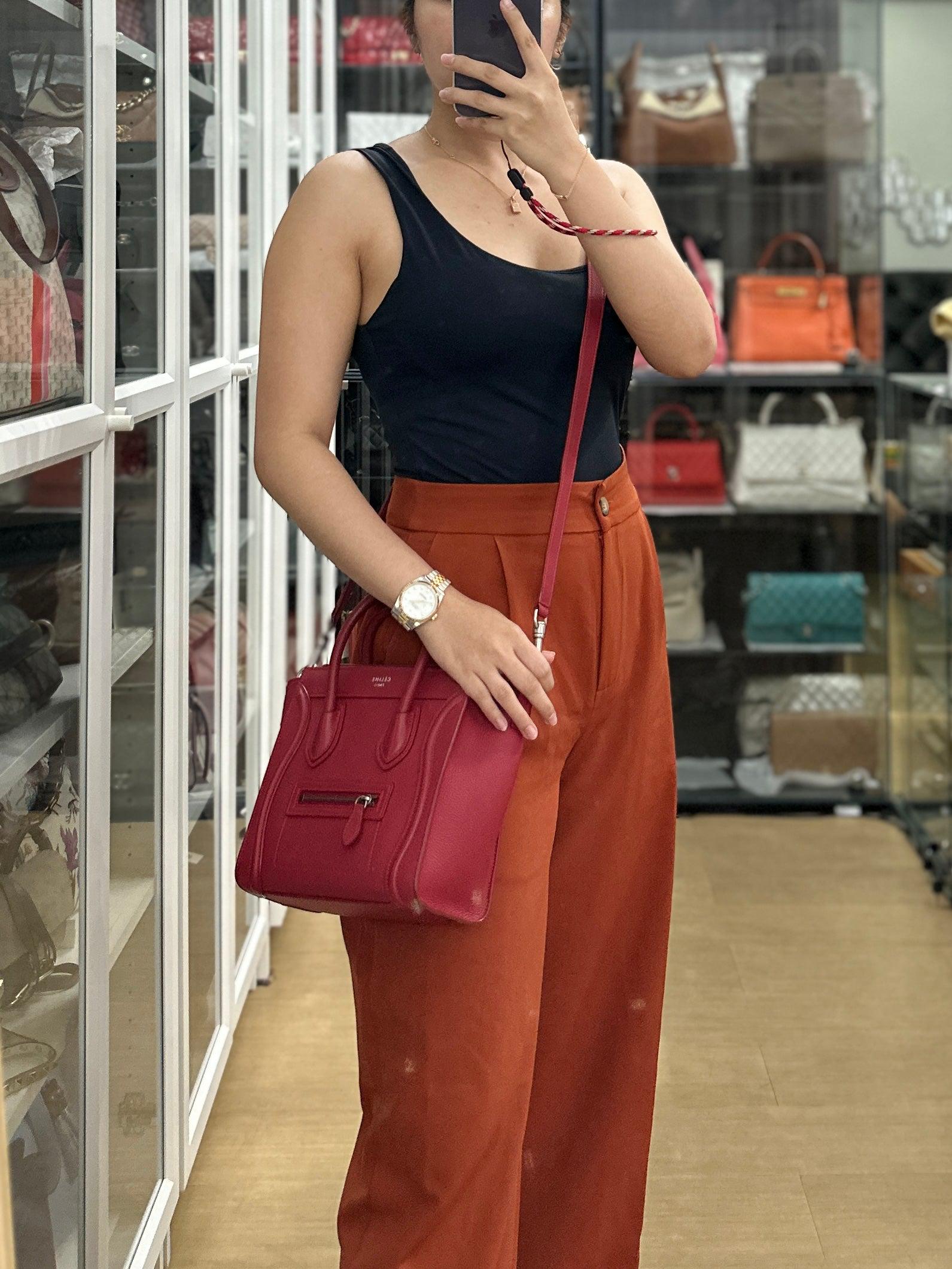 Celine Nano Luggage Drummed Calfskin Red