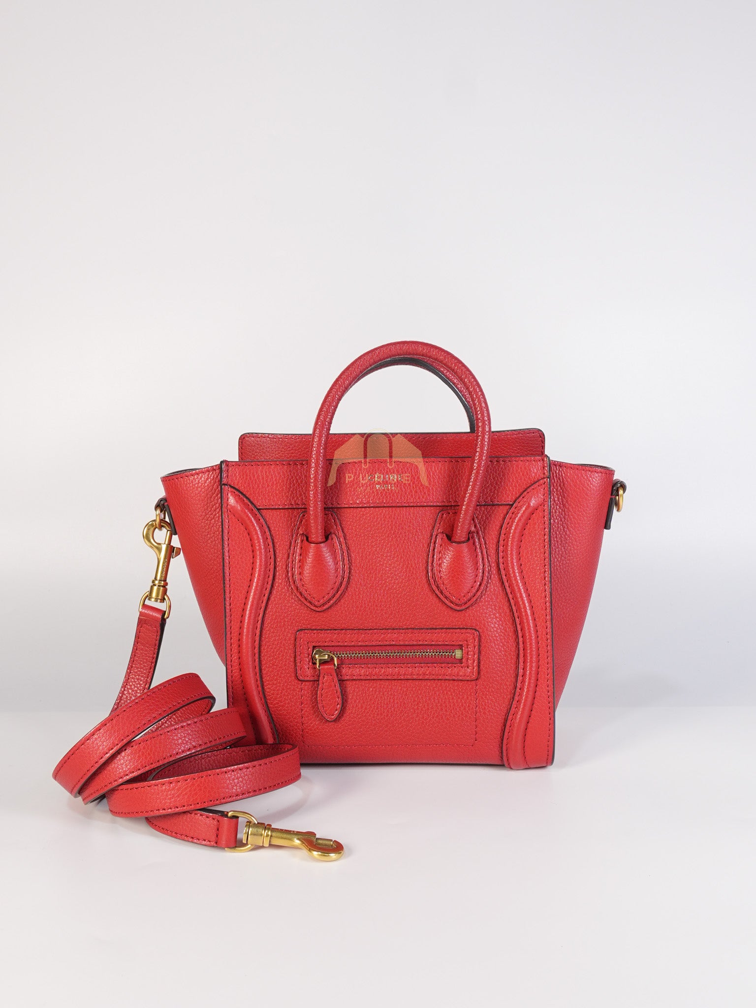 Nano Luggage Tote Bag in Red Grained Calfskin Leather & Gold Hardware | Purse Maison Luxury Bags Shop