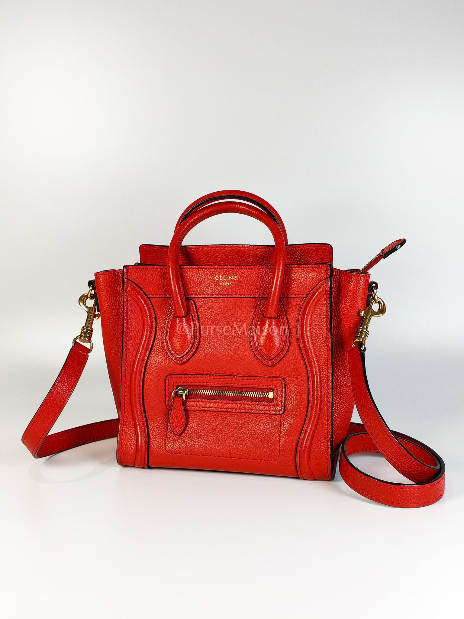 Nano Luggage Tote Bag in Red Grained Calfskin Leather | Purse Maison Luxury Bags Shop