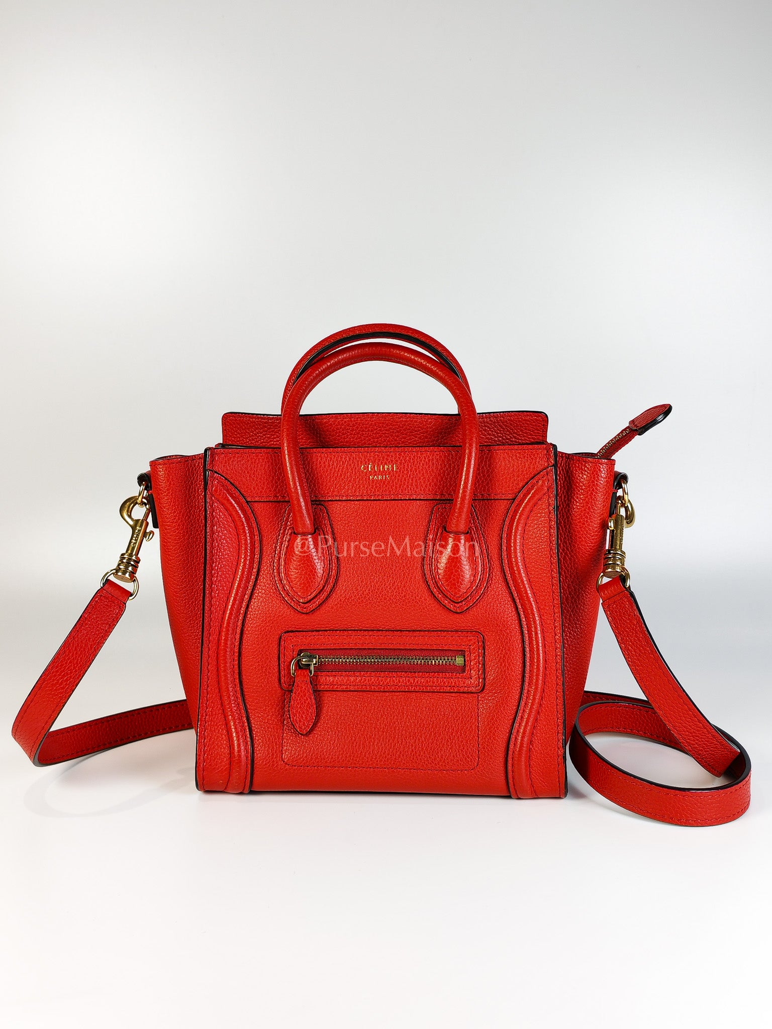 Nano Luggage Tote Bag in Red Grained Calfskin Leather | Purse Maison Luxury Bags Shop
