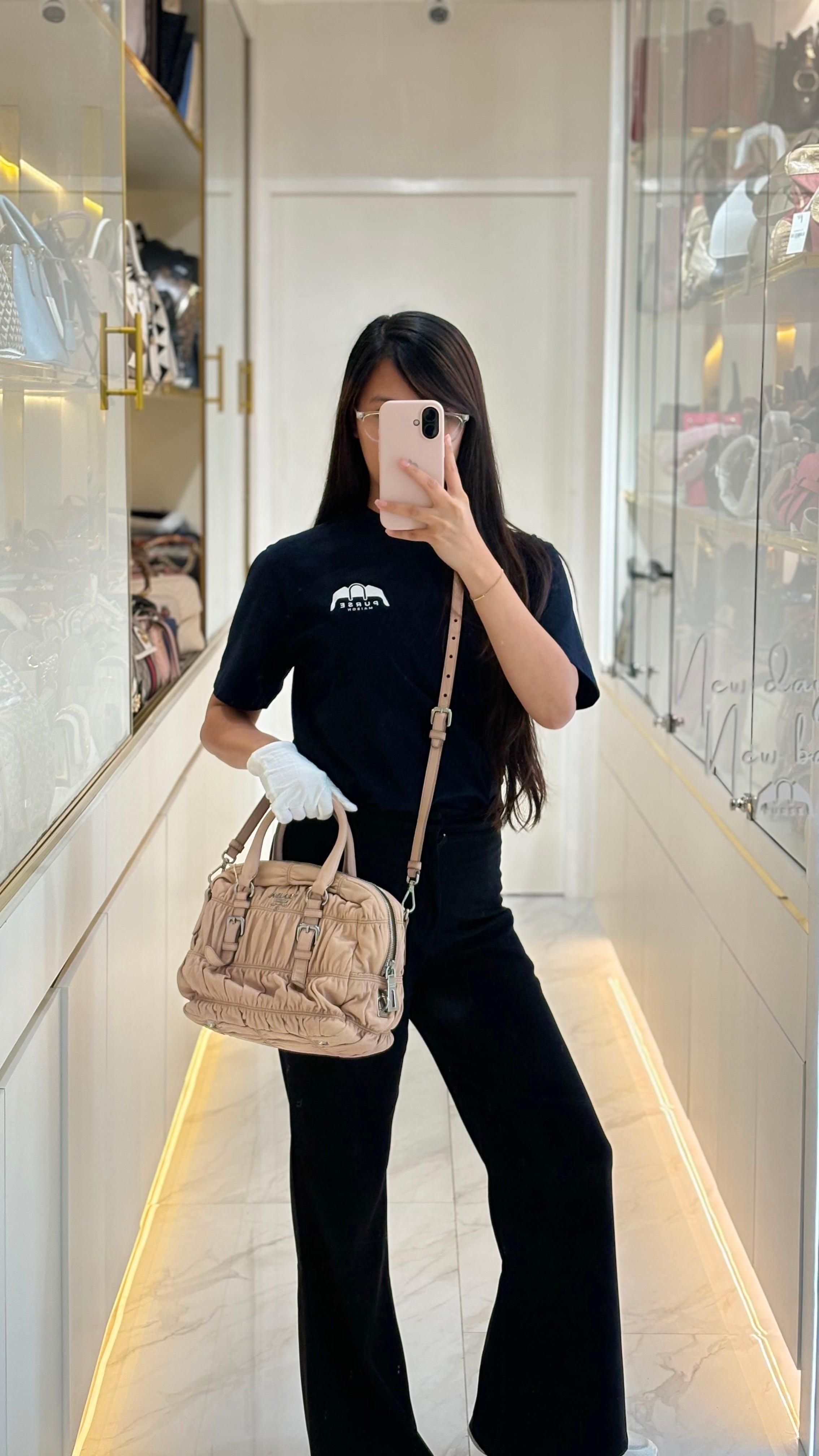 Nappa Graufre Satchel Bag in Cameo Leather & Silver Hardware | Purse Maison Luxury Bags Shop