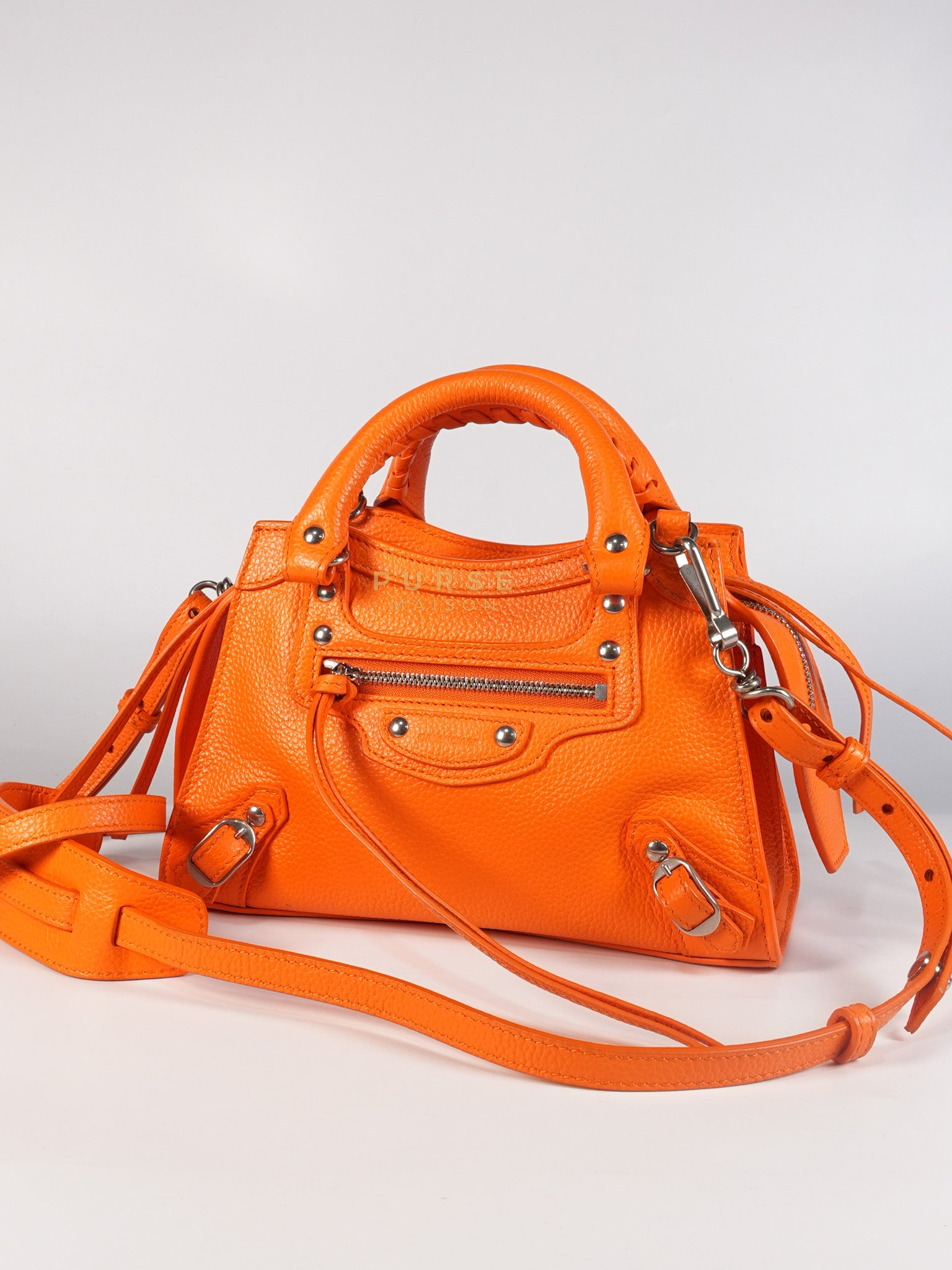 Neo Classic City Mini Handbag in Orange Grained Calfskin Leather & Silver Hardware | Purse Maison Luxury Bags Shop