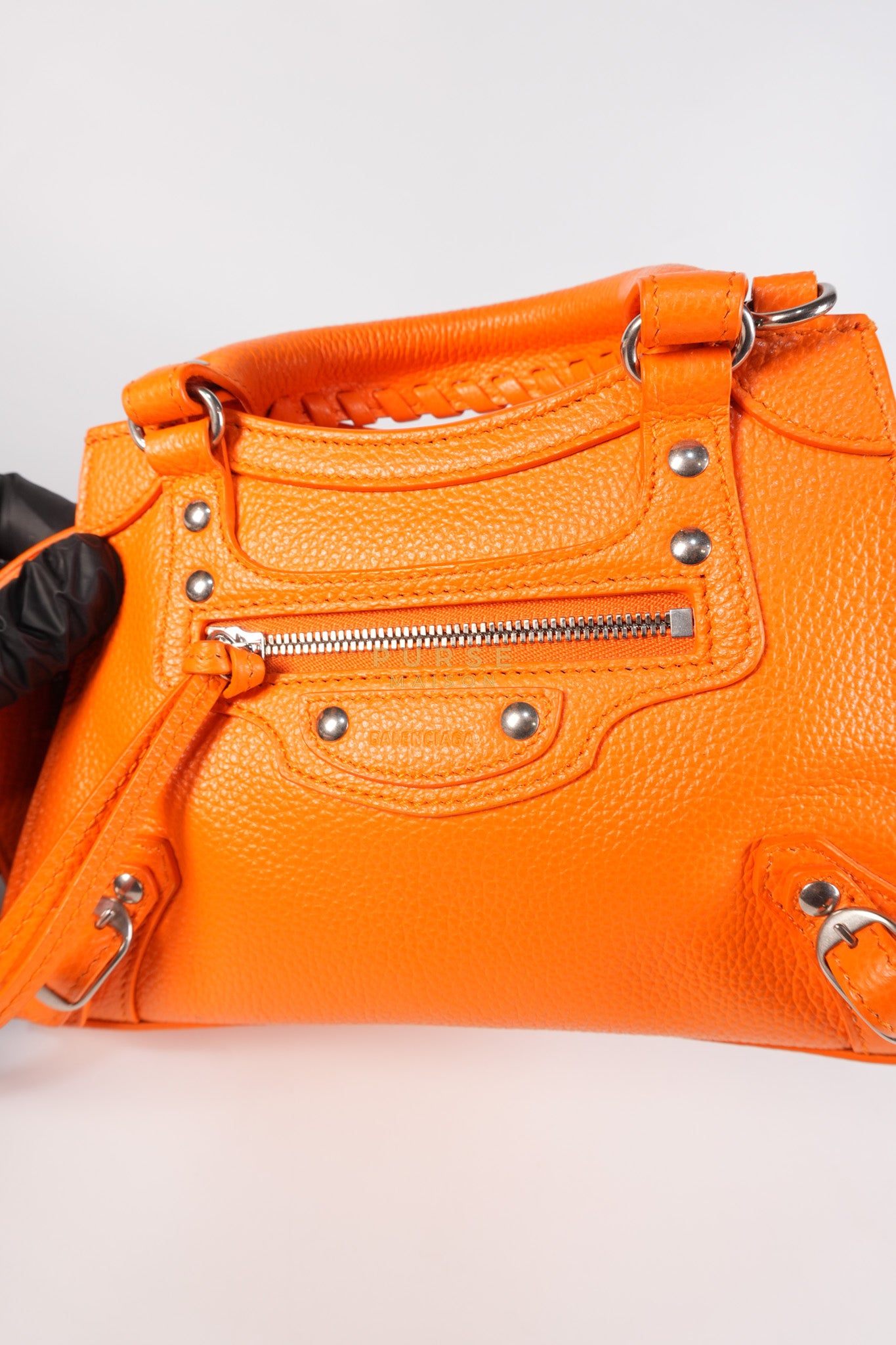 Neo Classic City Mini Handbag in Orange Grained Calfskin Leather & Silver Hardware | Purse Maison Luxury Bags Shop