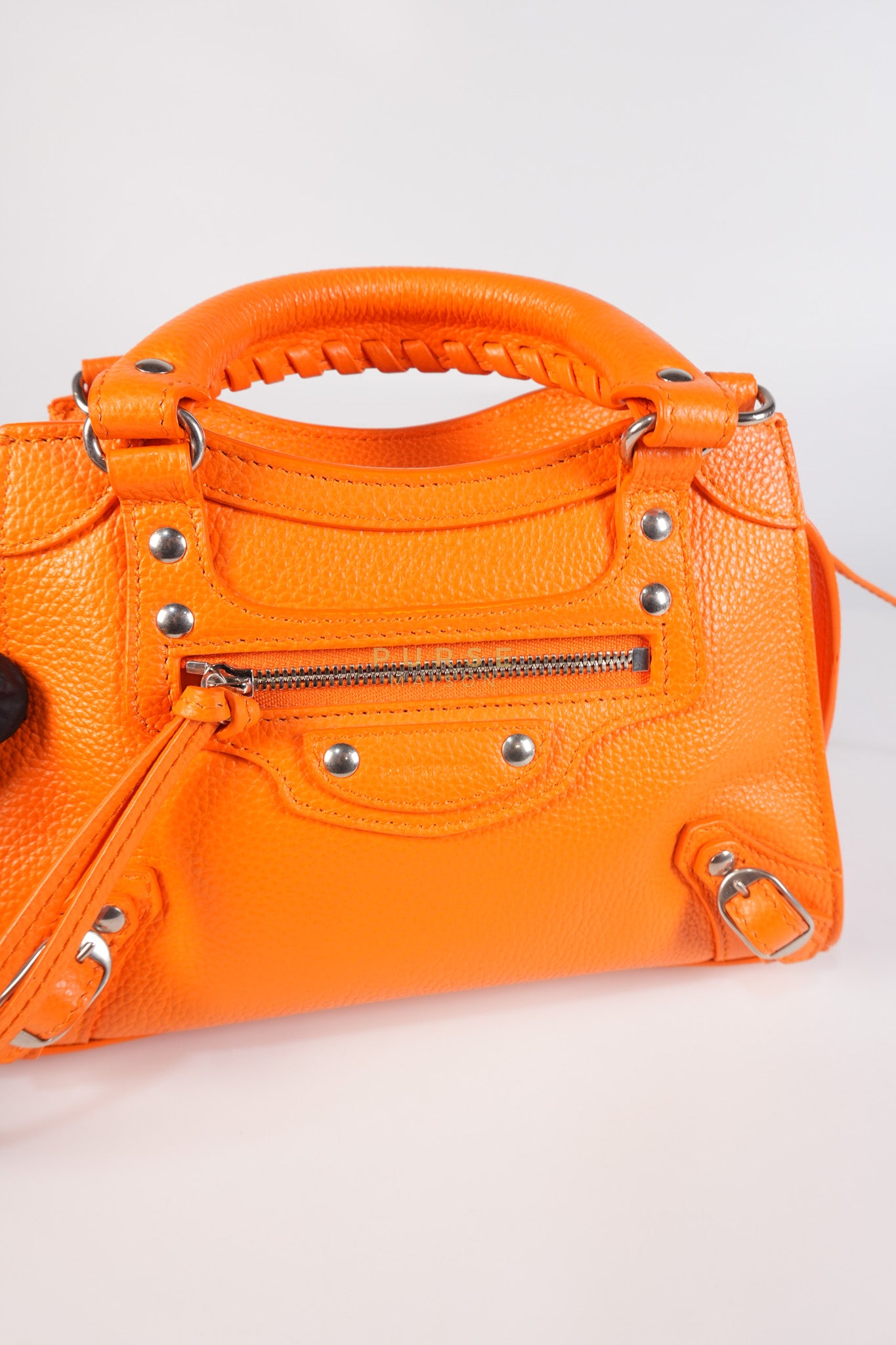 Neo Classic City Mini Handbag in Orange Grained Calfskin Leather & Silver Hardware | Purse Maison Luxury Bags Shop