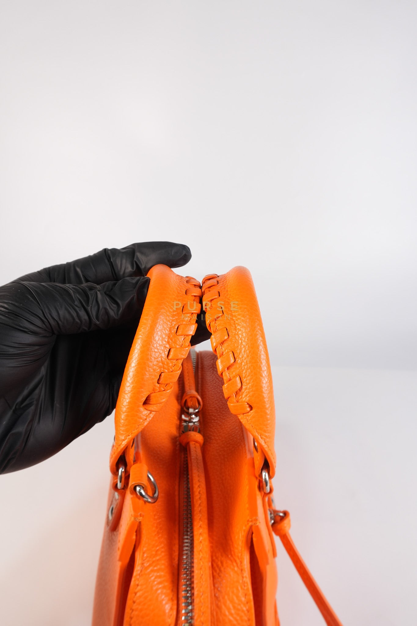 Neo Classic City Mini Handbag in Orange Grained Calfskin Leather & Silver Hardware | Purse Maison Luxury Bags Shop