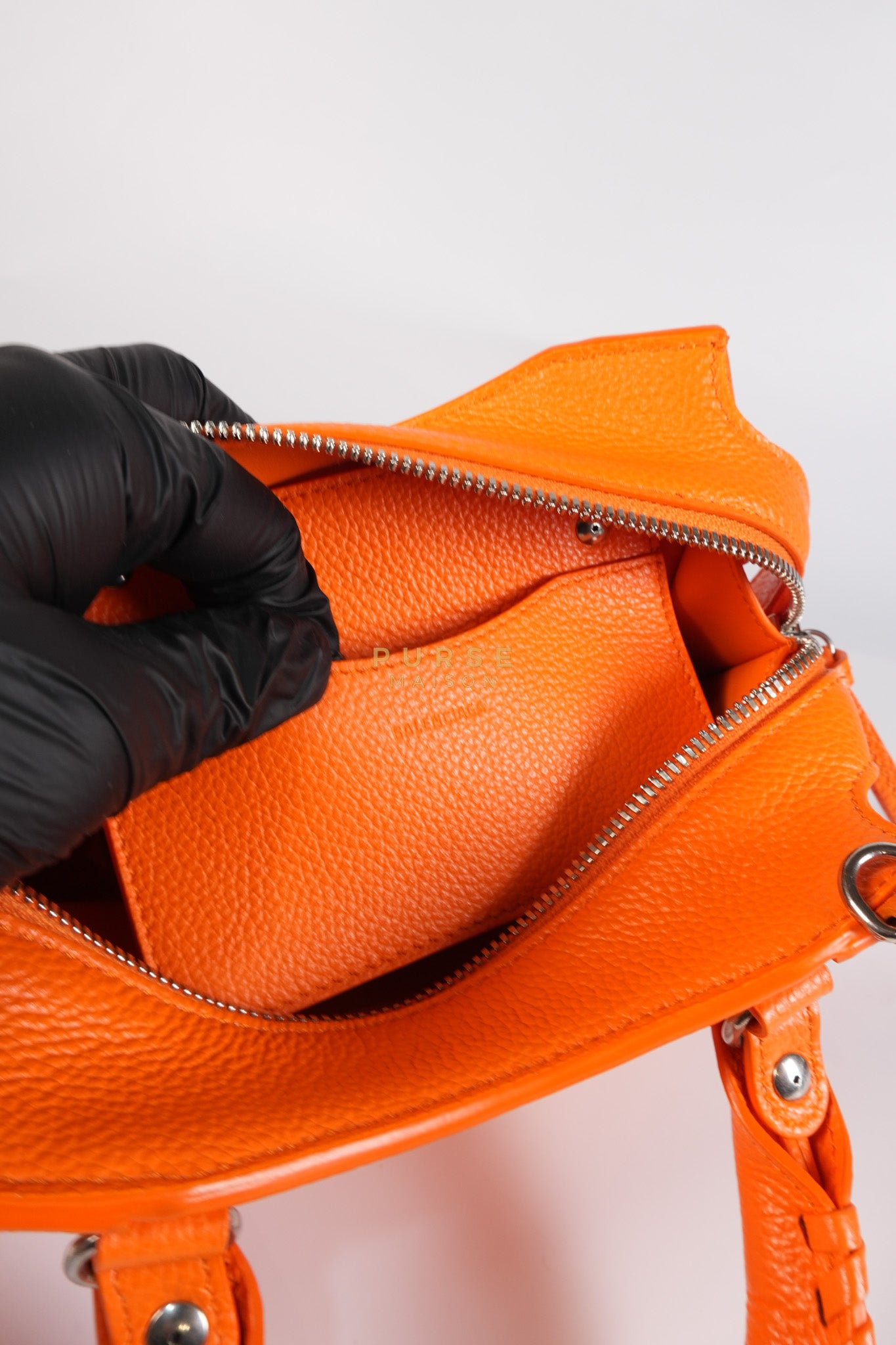 Neo Classic City Mini Handbag in Orange Grained Calfskin Leather & Silver Hardware | Purse Maison Luxury Bags Shop