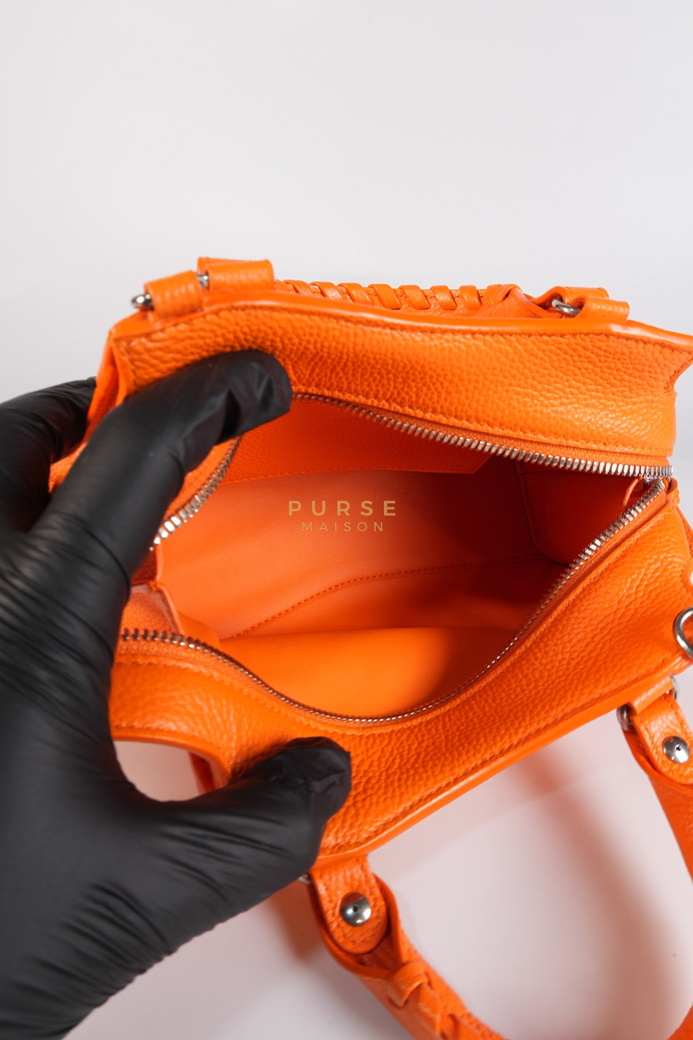 Neo Classic City Mini Handbag in Orange Grained Calfskin Leather & Silver Hardware | Purse Maison Luxury Bags Shop