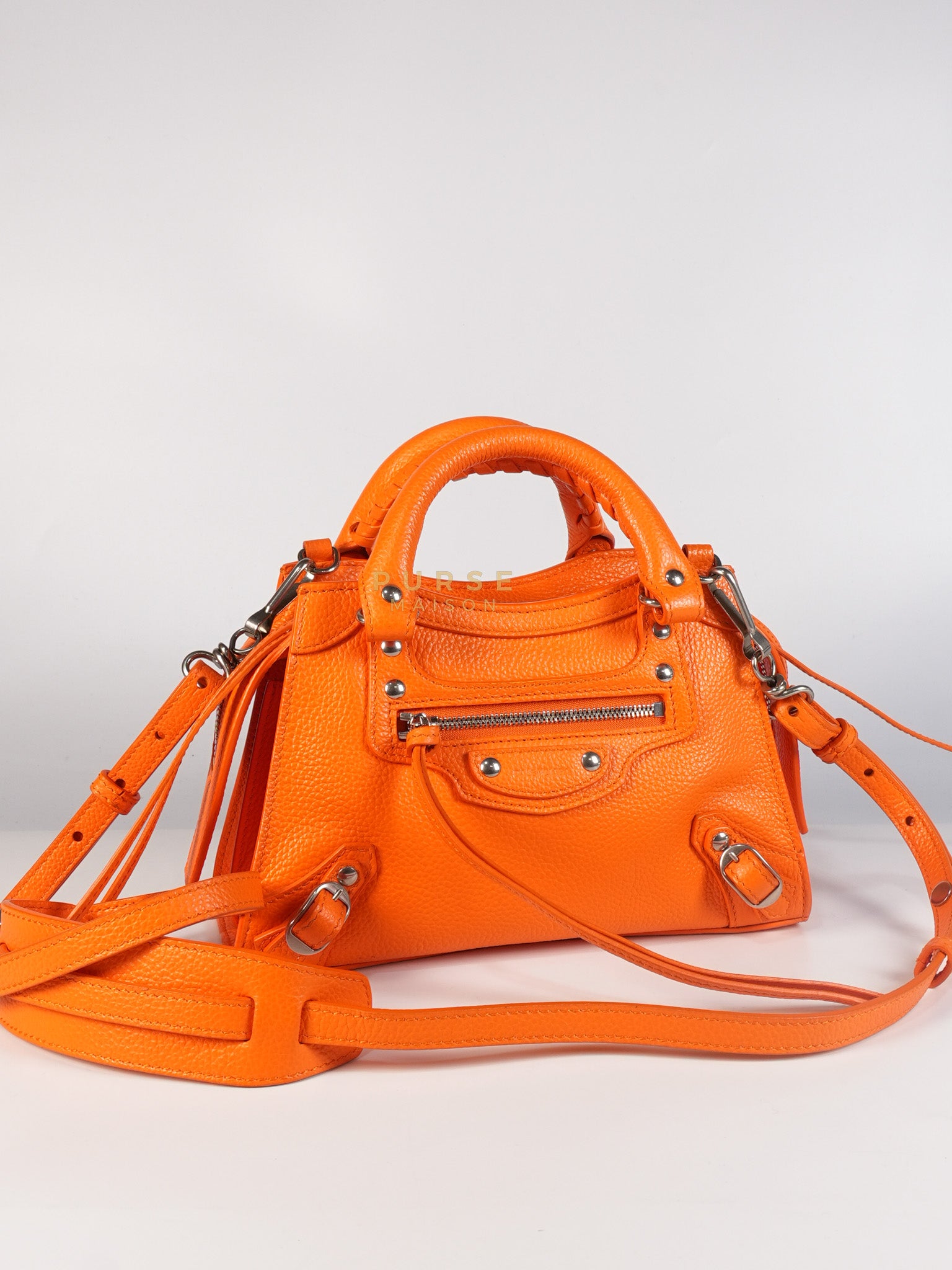 Neo Classic City Mini Handbag in Orange Grained Calfskin Leather & Silver Hardware | Purse Maison Luxury Bags Shop