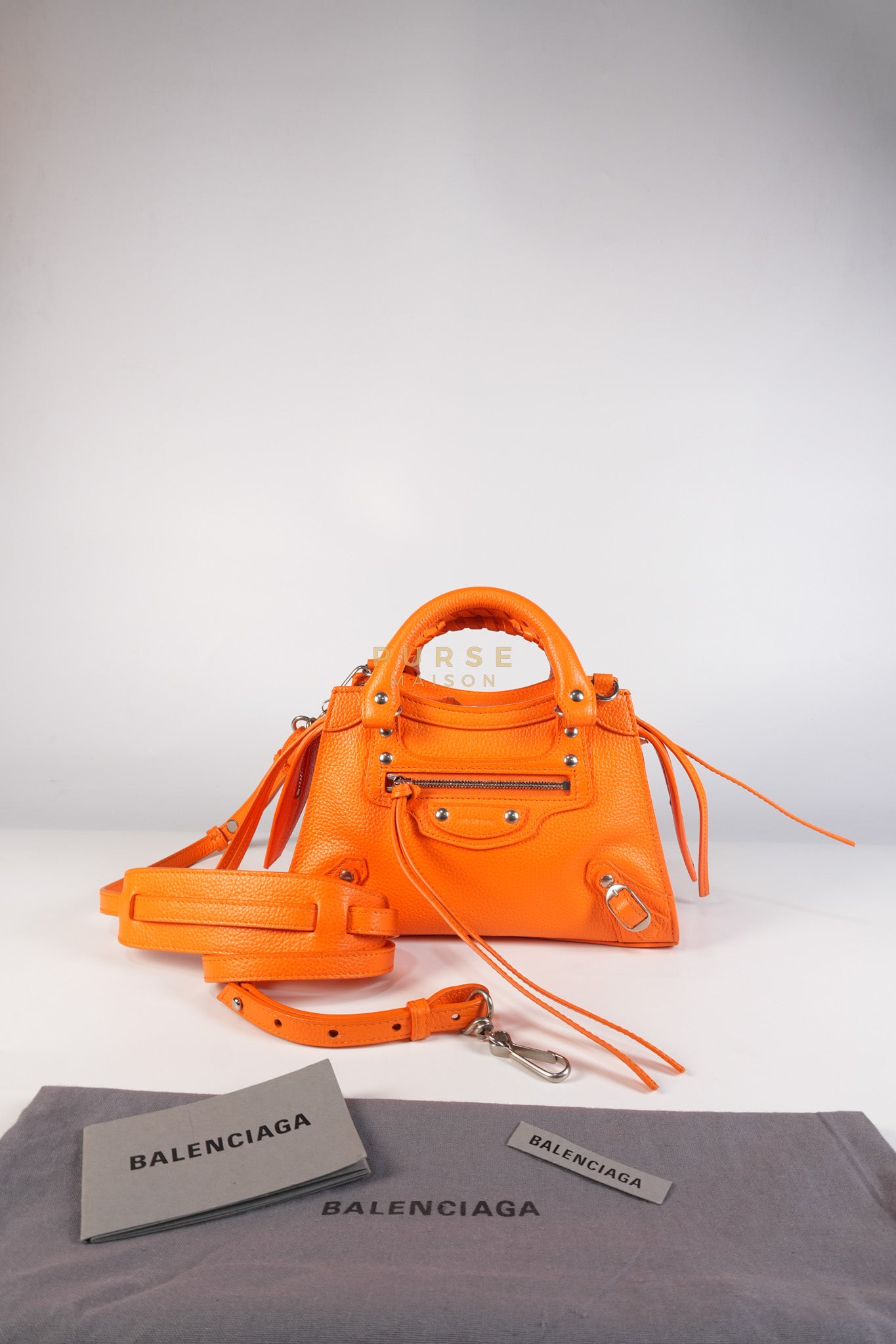 Neo Classic City Mini Handbag in Orange Grained Calfskin Leather & Silver Hardware | Purse Maison Luxury Bags Shop