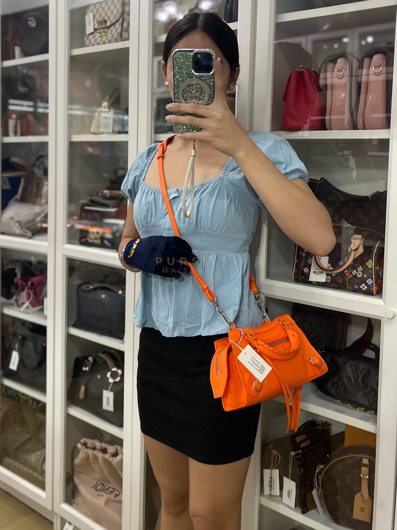 Neo Classic City Mini Handbag in Orange Grained Calfskin Leather & Silver Hardware | Purse Maison Luxury Bags Shop