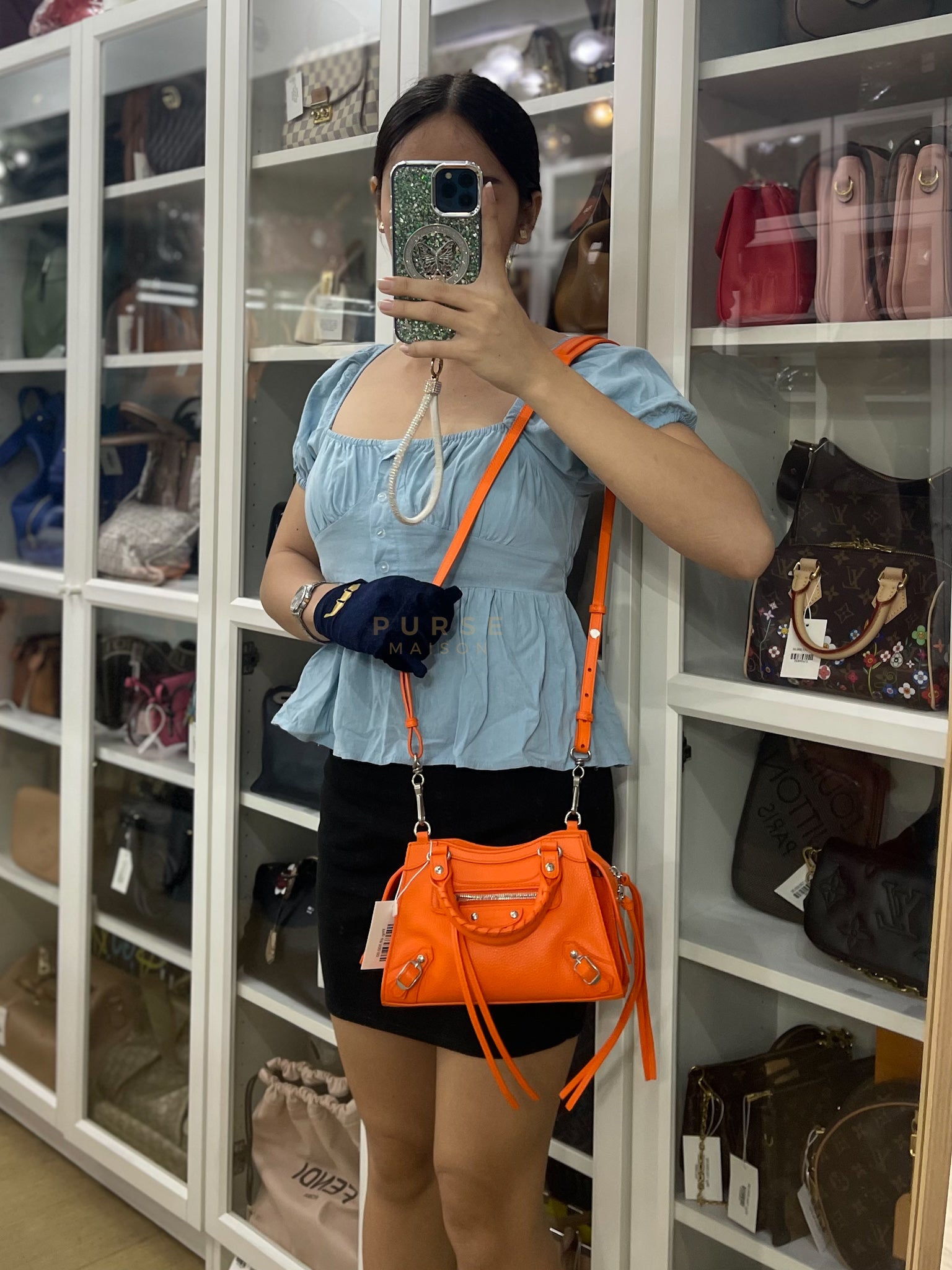 Neo Classic City Mini Handbag in Orange Grained Calfskin Leather & Silver Hardware | Purse Maison Luxury Bags Shop