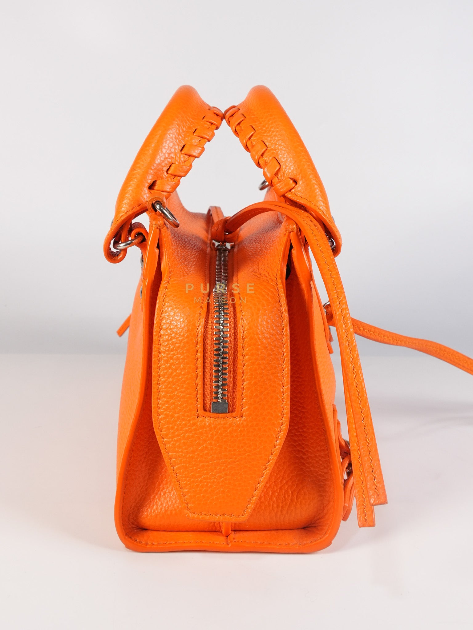 Neo Classic City Mini Handbag in Orange Grained Calfskin Leather & Silver Hardware | Purse Maison Luxury Bags Shop