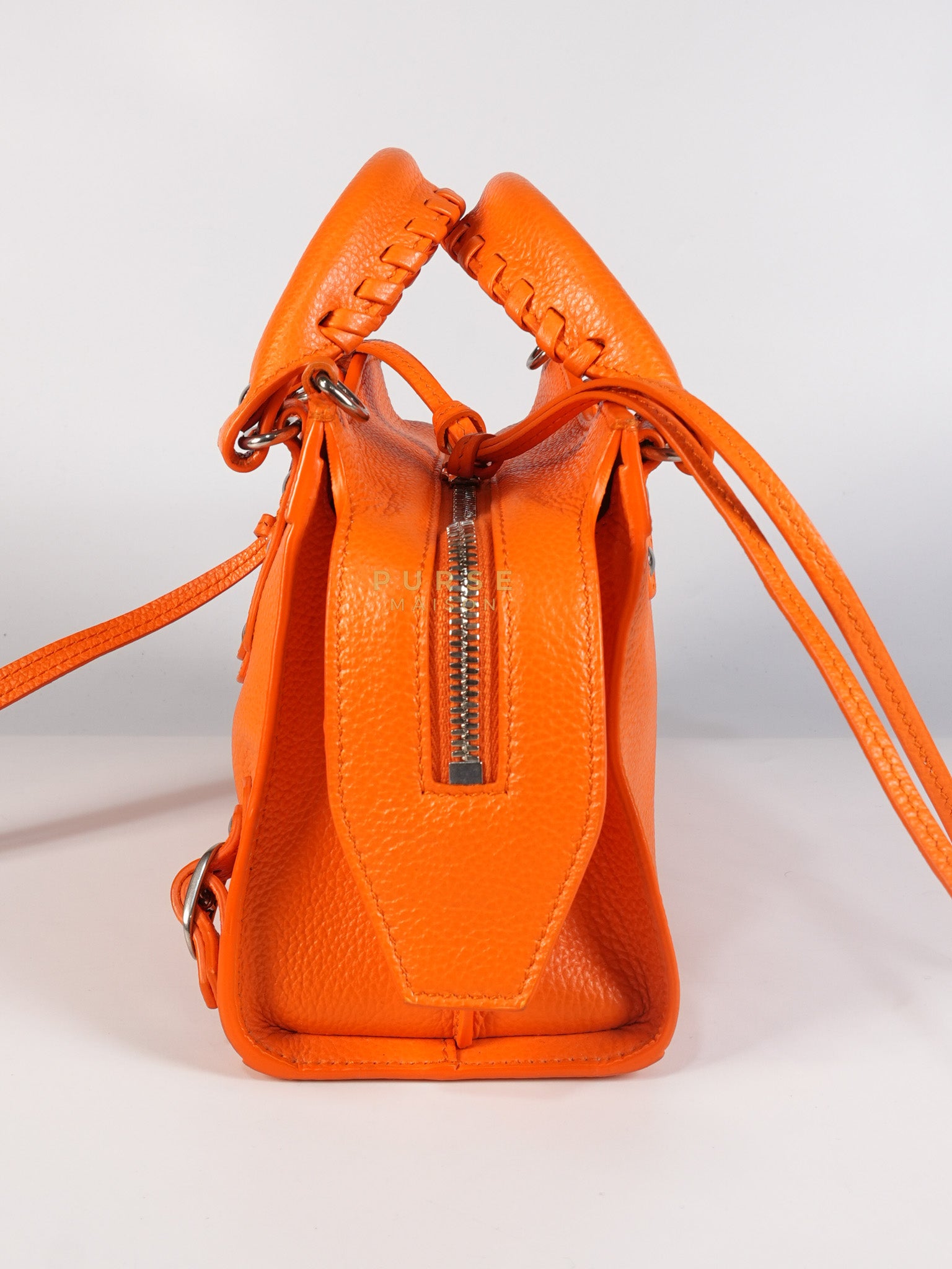 Neo Classic City Mini Handbag in Orange Grained Calfskin Leather & Silver Hardware | Purse Maison Luxury Bags Shop
